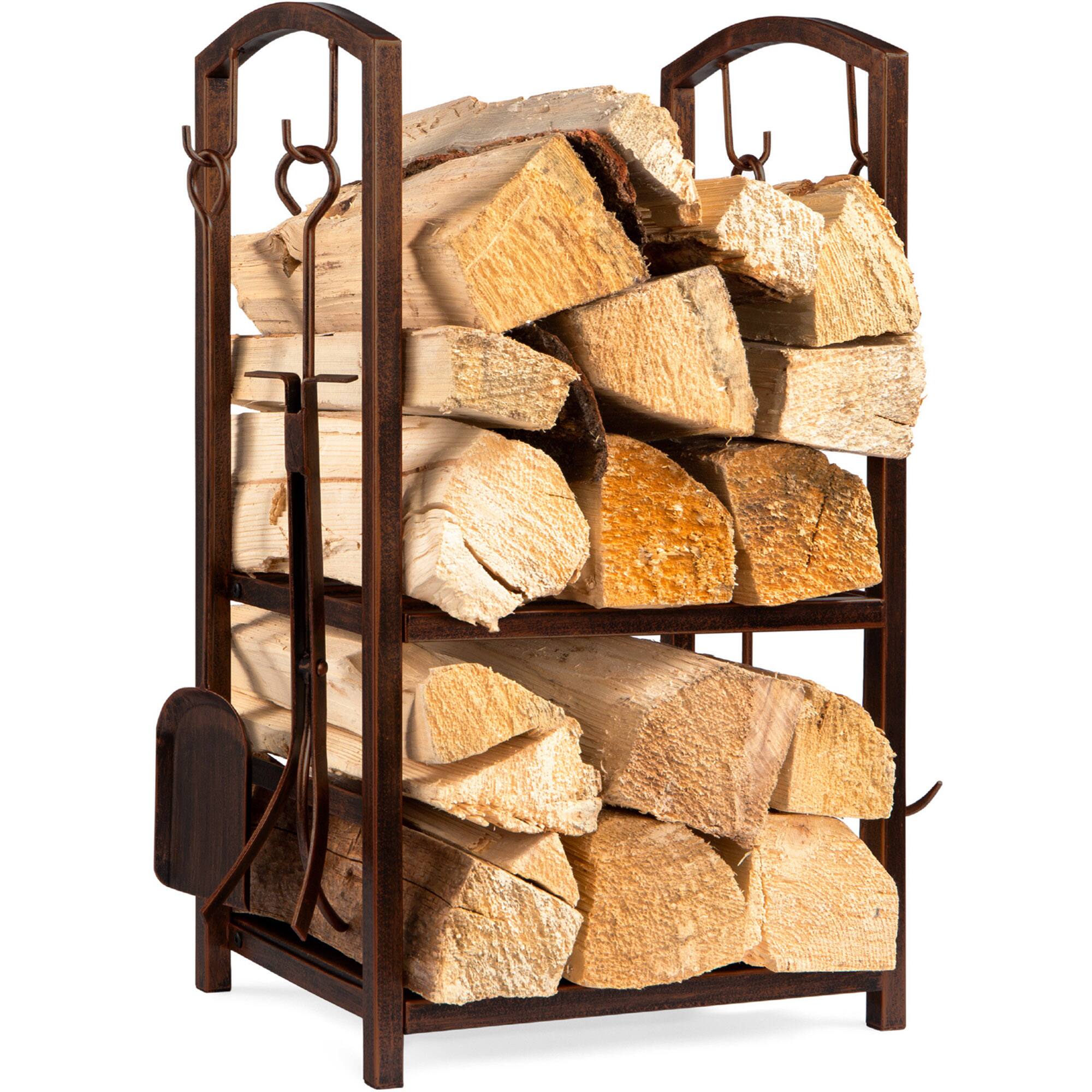 Best Choice Products - 5-Piece Firewood Log Rack Holder Tools Set for Fireplace w/ Hook, Broom, Shovel, Tongs - Copper