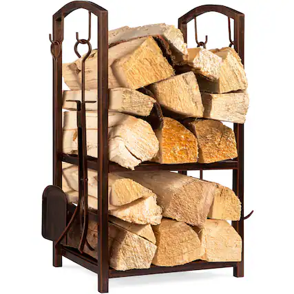 Front. Best Choice Products - Best Choice Products 5-Piece Firewood Log Rack Holder Tools Set for Fireplace w/ Hook, Broom, Shovel, Tongs - Copper - Copper.