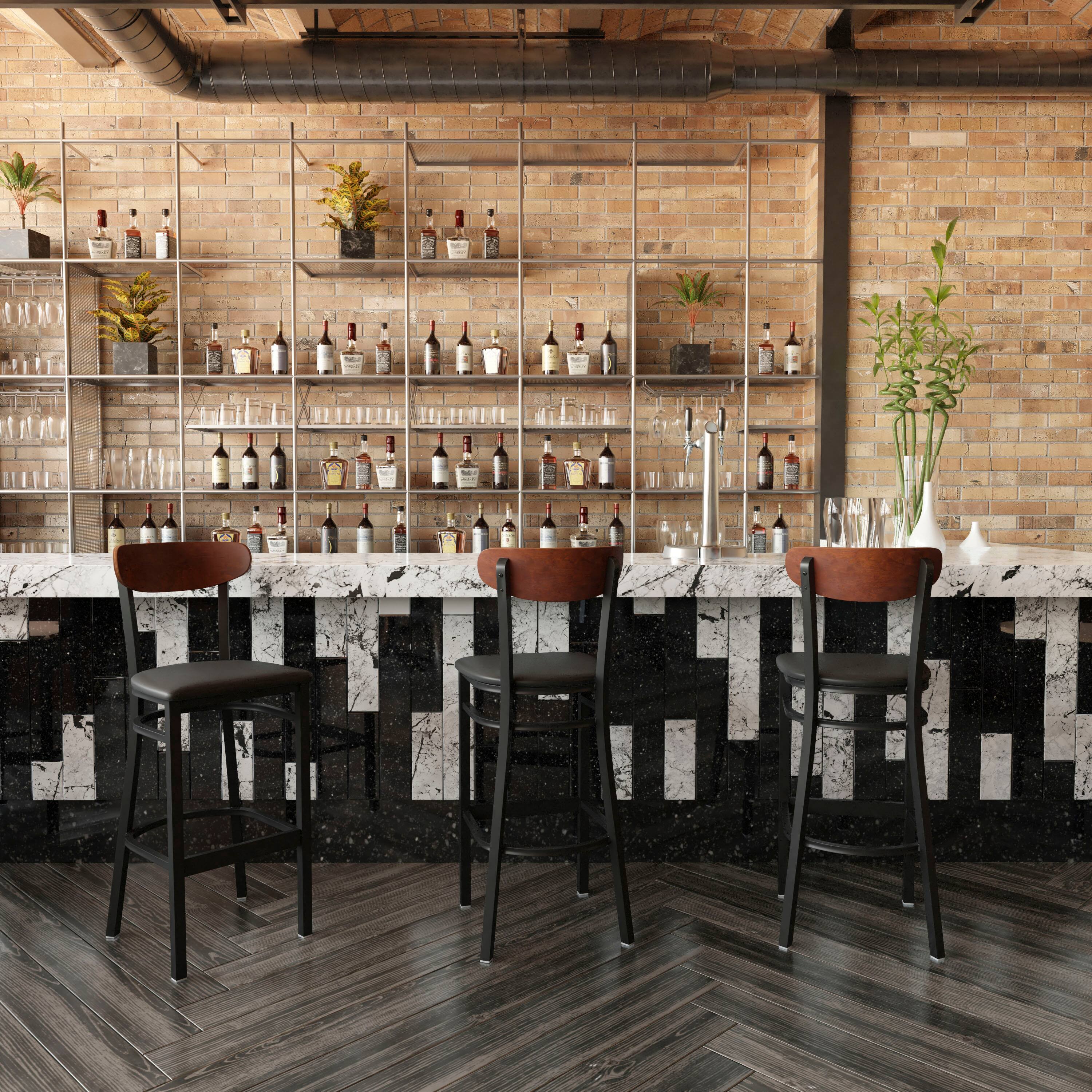 Alt View 1. Flash Furniture - Wright Commercial Barstool with 500 LB. Capacity Black Steel Frame, Walnut Finish Wooden Boomerang Back, and Black Vinyl - Black.