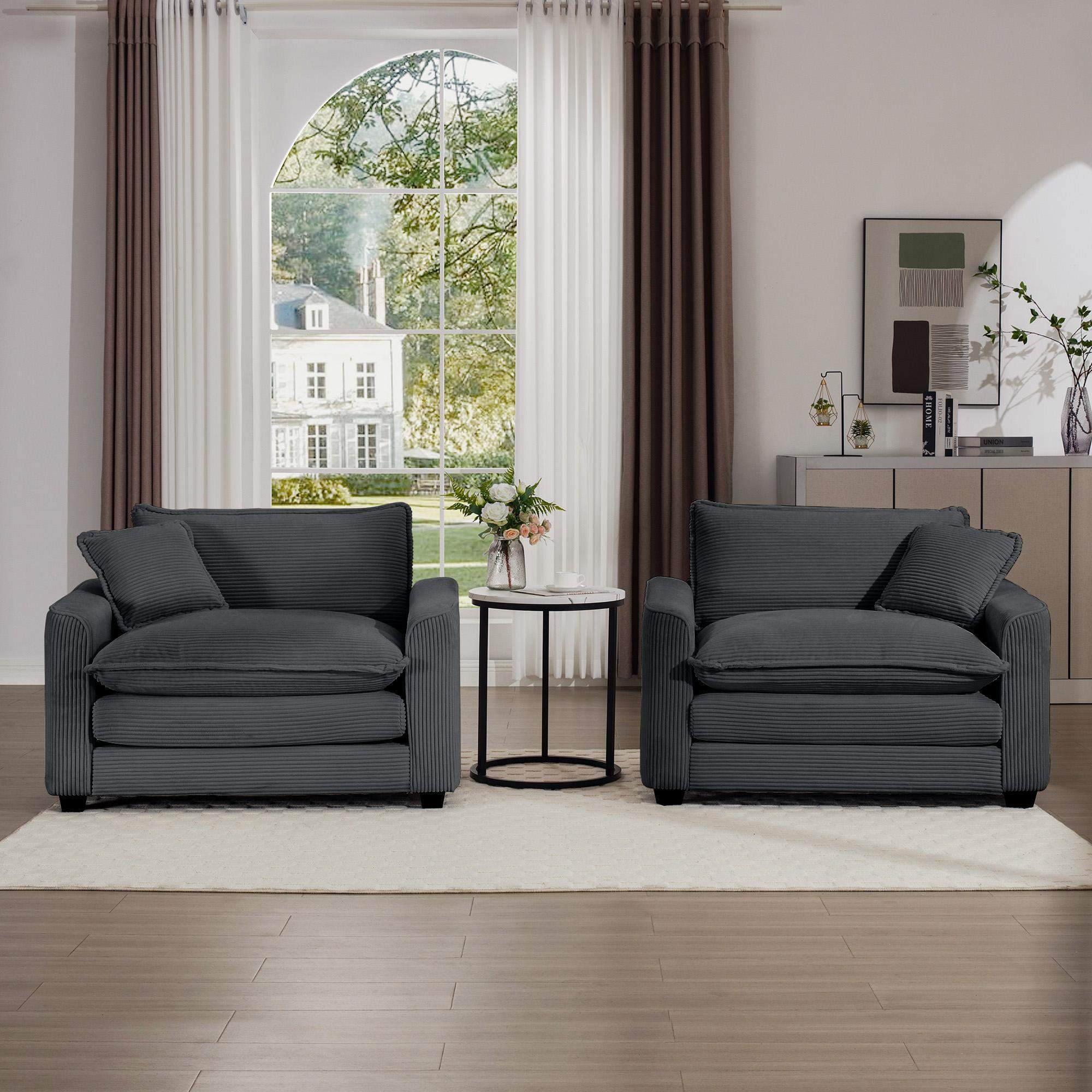 Angle. LOVMOR - Luxurious and Sophisticated Deep Seated Sofa Set with Two Single Chairs in Grey Corduroy Fabric Suitable for Bedroom - Grey.