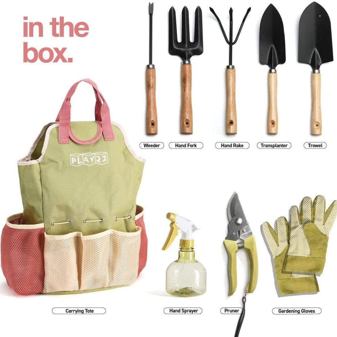 in the box.

- Weeder
- Hand Fork
- Hand Rake
- Transplanter
- Trowel
- Carrying Tote
- Hand Sprayer
- Pruner
- Gardening Gloves
