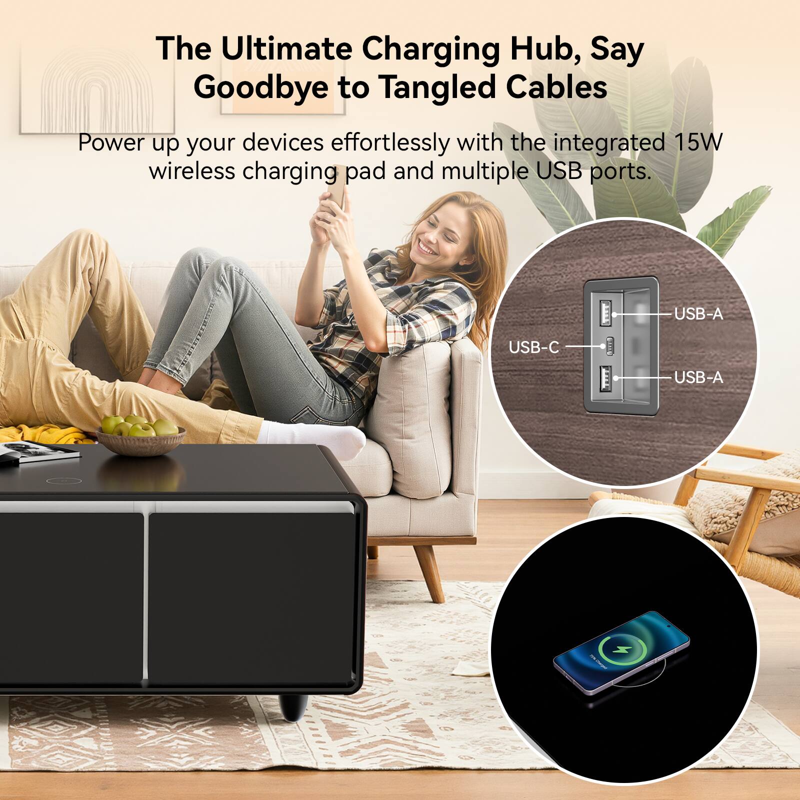 The Ultimate Charging Hub, Say Goodbye to Tangled Cables

Power up your devices effortlessly with the integrated 15W wireless charging pad and multiple USB ports.

USB-A USB-C USB-A