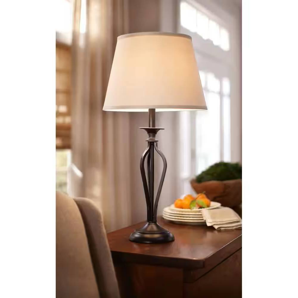 Angle. Hivvago - Traditional Bronze Metal Finish Table Lamp with Beige Linen Shade - Bronze, Beige.