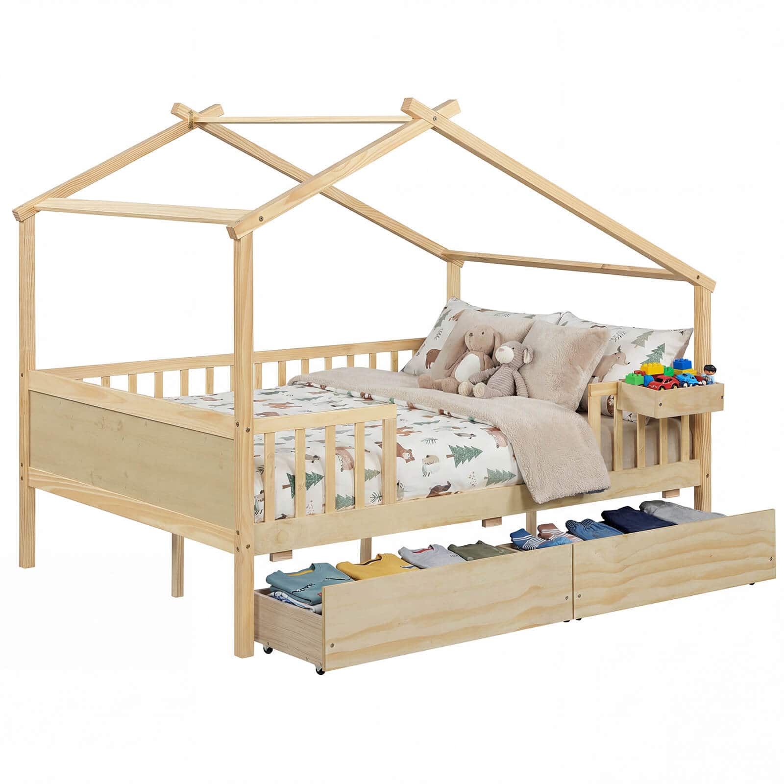 Costway - Full Size Bed with 2 Storage Drawers, House-shaped Bed Frame - Natural