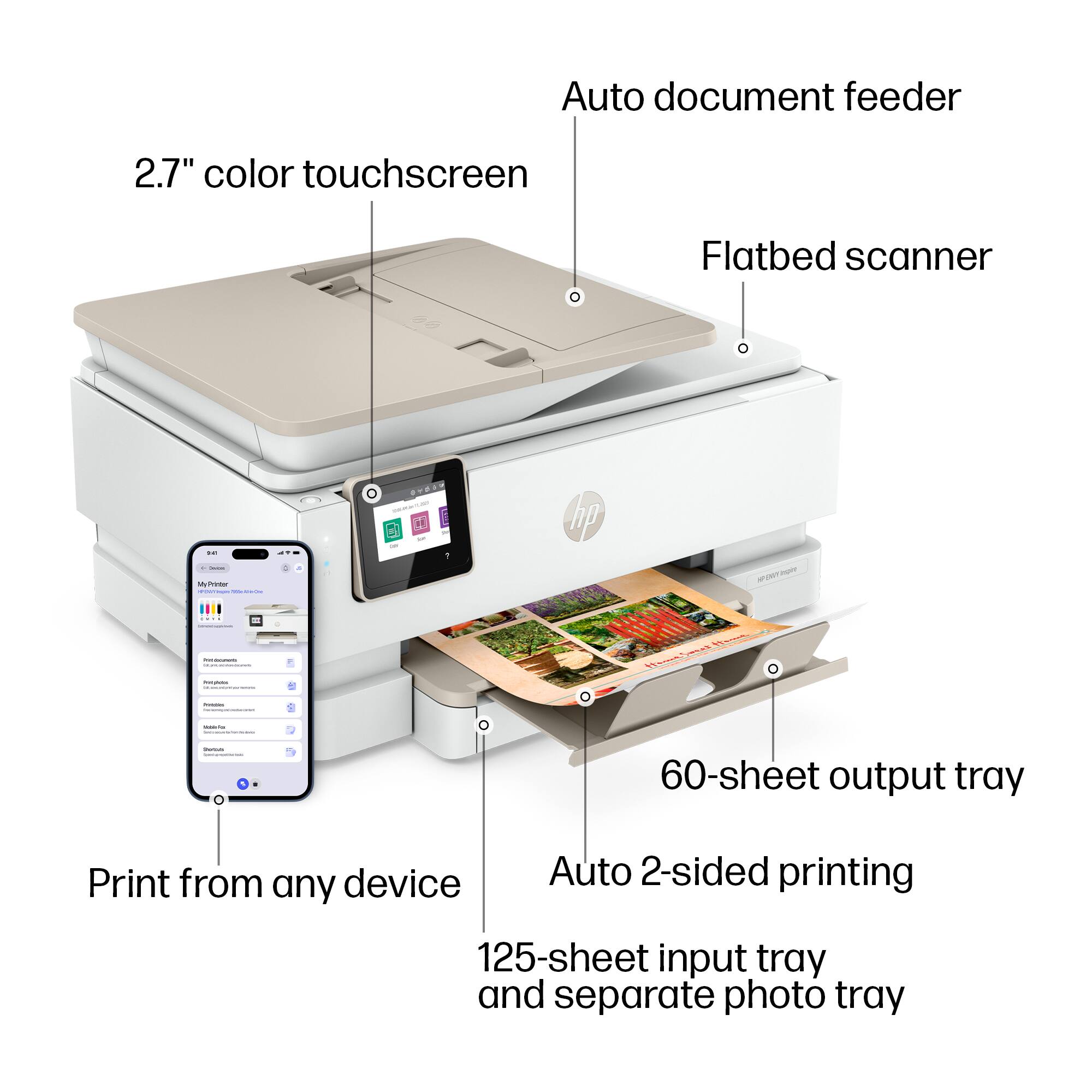 - Auto document feeder
- 2.7" color touchscreen
- Flatbed scanner
- Print from any device
- 60-sheet output tray
- Auto 2-sided printing
- 125-sheet input tray and separate photo tray