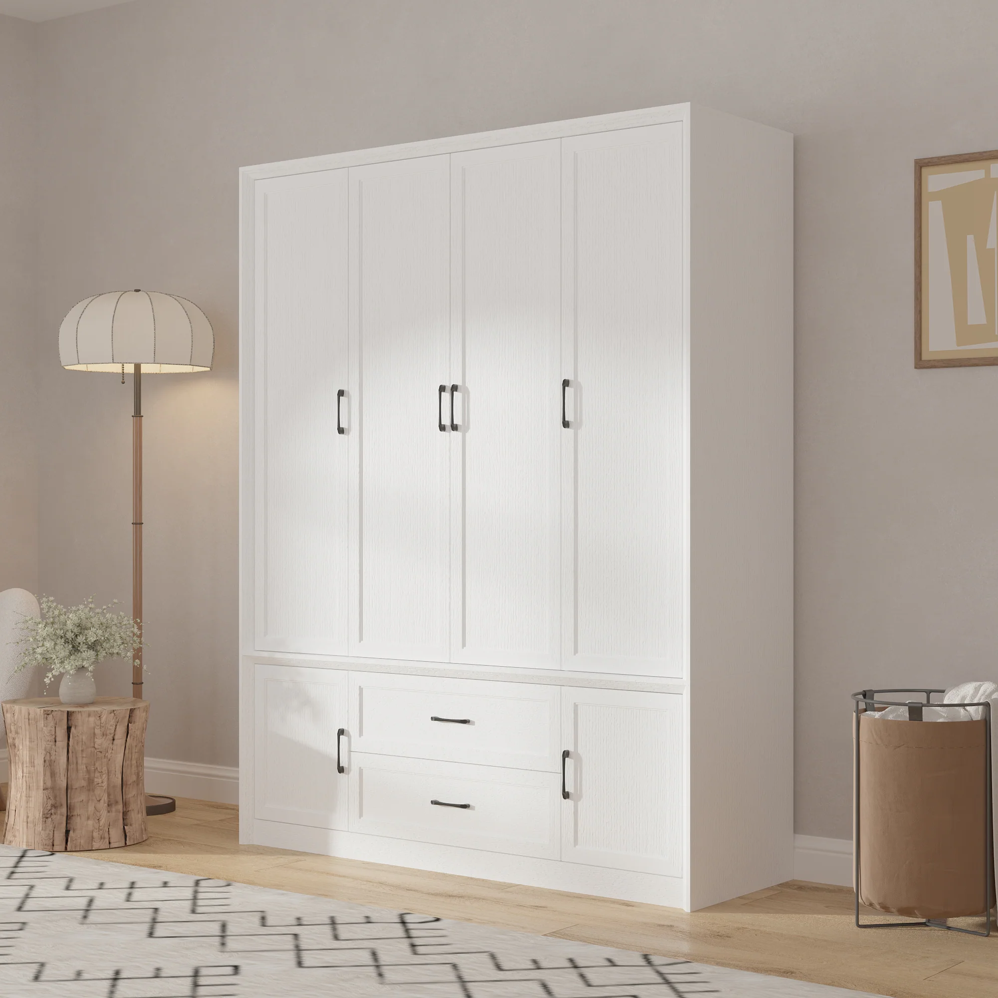 Left. FUFU&GAGA - Large Capacity Four-Door Wardrobe – The All-in-One Storage Solution for Family Organization - Light Gray.