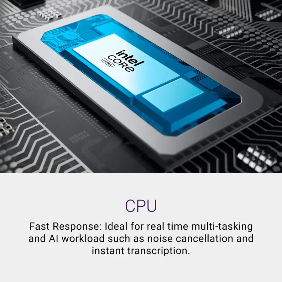 The text on the image reads: "Intel Core i7 CPU Fast Response: Ideal for real time multi-tasking and AI workload such as noise cancellation and instant transcription."