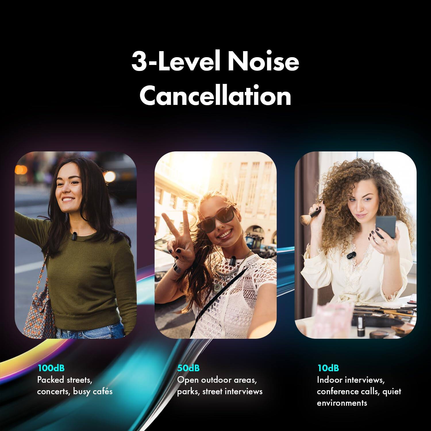 3-Level Noise Cancellation

100dB
Packed streets, concerts, busy cafés

50dB
Open outdoor areas, parks, street interviews

10dB
Indoor interviews, conference calls, quiet environments