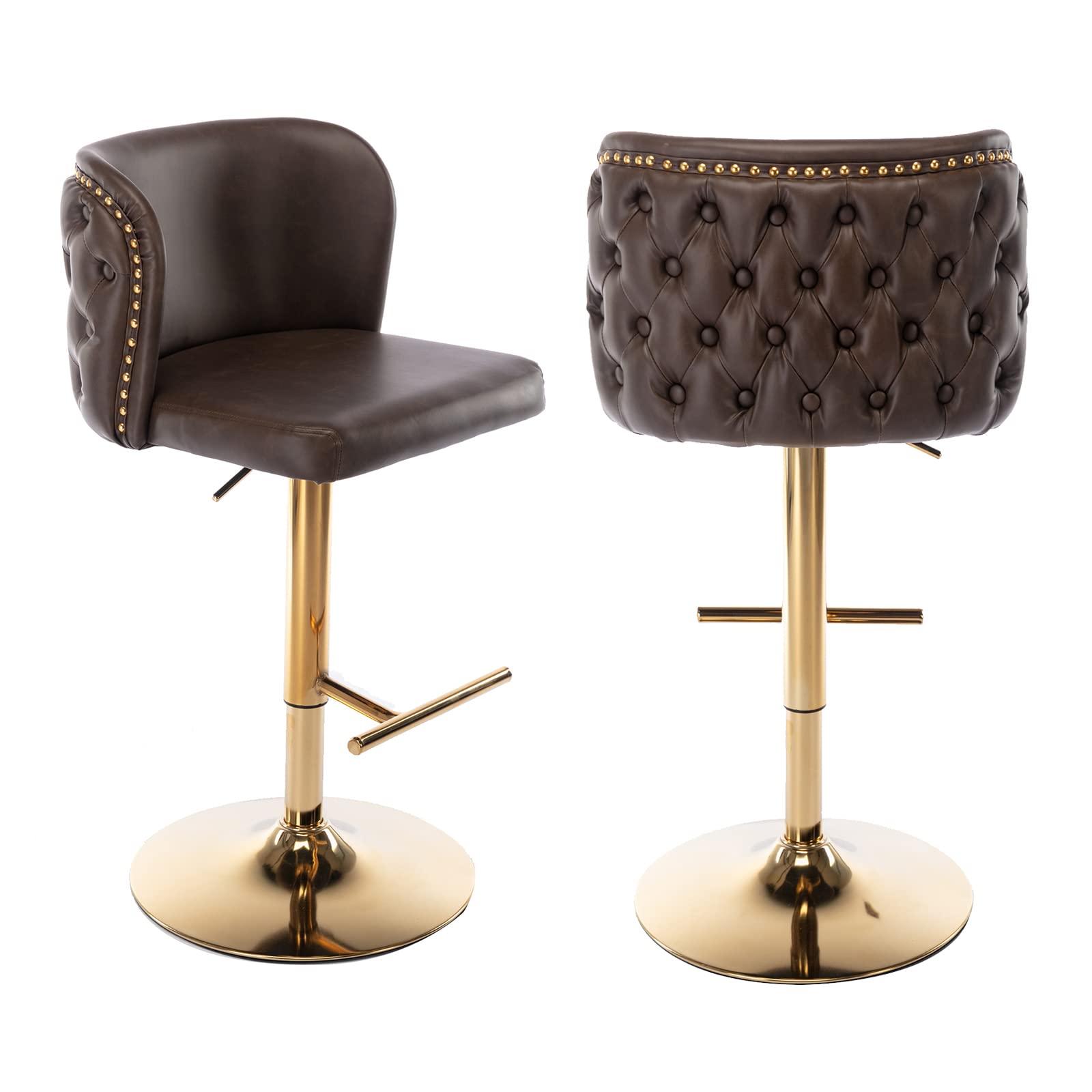 Glintex - Swivel Barstools Adjusatble Seat Height, PU Upholstered Bar Stools,whole Back Tufted, Set of 2 - Brown