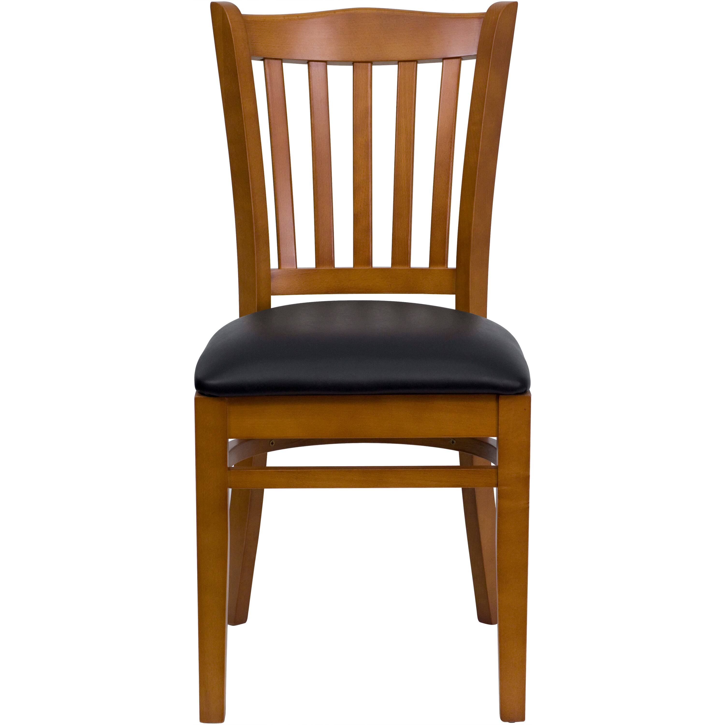 Alt View 5. Emma + Oliver - Vertical Slat Back Wooden Restaurant Dining Chair - Black Vinyl Seat/Cherry Wood Frame.