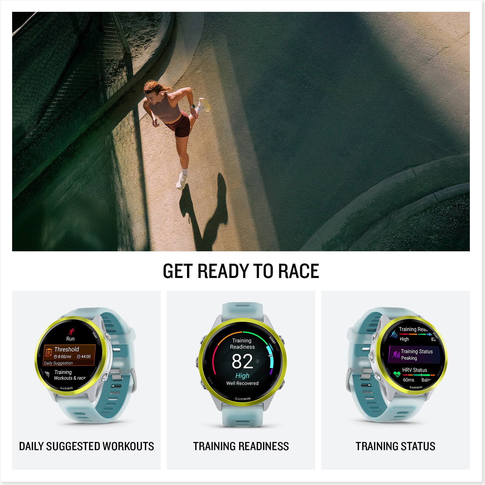 The text on the image is grouped and corrected as follows:

1. Get ready to race
2. Run I Threshold 8 100/m + 44:00
3. Daily suggested workouts
4. Training readiness
5. Training status
6. Peaking HRV status
7. Baln GARIM GARMIN
8. Daily suggested workouts
9. Training readiness
10. Training status
11. Peaking HRV status
12. Baln GARIM GARMIN
13. Daily suggested workouts
14. Training readiness
15. Training status
16. Peaking HRV status
17. Baln GARIM GARMIN
18. Daily suggested workouts
19. Training readiness
20. Training status
21. Peaking HRV status
22. Baln GARIM GARMIN
23. Daily suggested workouts
24. Training readiness
25. Training status
26. Peaking HRV status
27. Baln GARIM GARMIN
28. Daily suggested workouts
29. Training readiness
30. Training status
31. Peaking HRV status
32. Baln GARIM GARMIN
33. Daily suggested workouts
34. Training readiness
35. Training status
36. Peaking HRV status
37. Baln GARIM GARMIN
38. Daily suggested workouts
39. Training readiness
40. Training status
41. Peaking HRV status
42. Baln GARIM GARMIN
43. Daily suggested workouts
44. Training readiness
45. Training status
46. Peaking HRV status
47. Baln GARIM GARMIN
48. Daily suggested workouts
49. Training readiness
50. Training status
51. Peaking HRV status
52. Baln GARIM GARMIN
53. Daily suggested workouts
54. Training readiness
55. Training status
56. Peaking HRV status
57. Baln GARIM GARMIN
58.