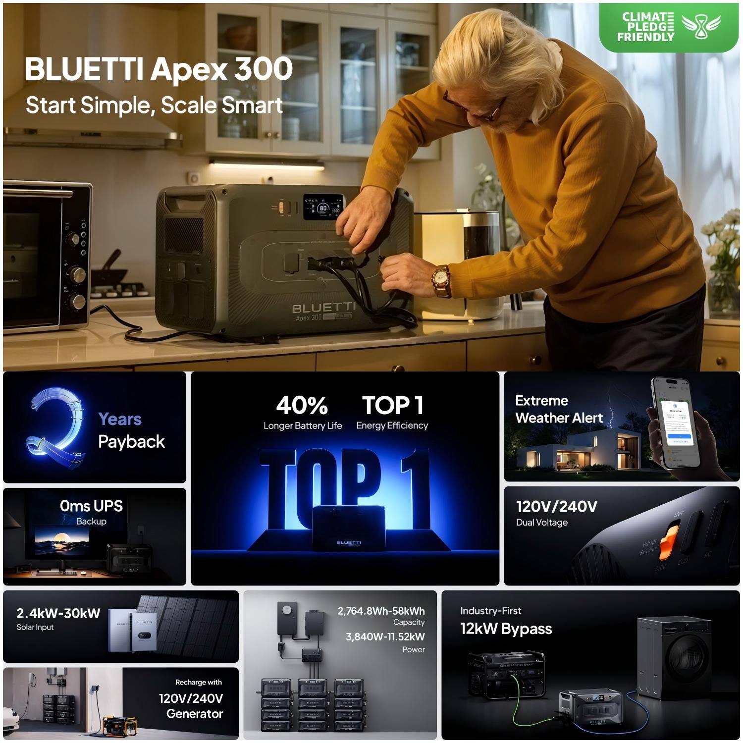 BLUETTI Apex 300  
Start Simple, Scale Smart  

CLIMATE PLEDGE FRIENDLY  

- 2 Years Payback  
- 40% Longer Battery Life  
- TOP 1 Energy Efficiency  
- Extreme Weather Alert  
- 120V/240V Dual Voltage  
- 2.4kW-30kW Solar Input  
- 2,764.8Wh-58kWh Capacity  
- 12kW Bypass  
- 3,840W-11.52kW Power  
- Recharge with 120V/240V Generator  

Oms UPS Backup  

Industry-First Capacity