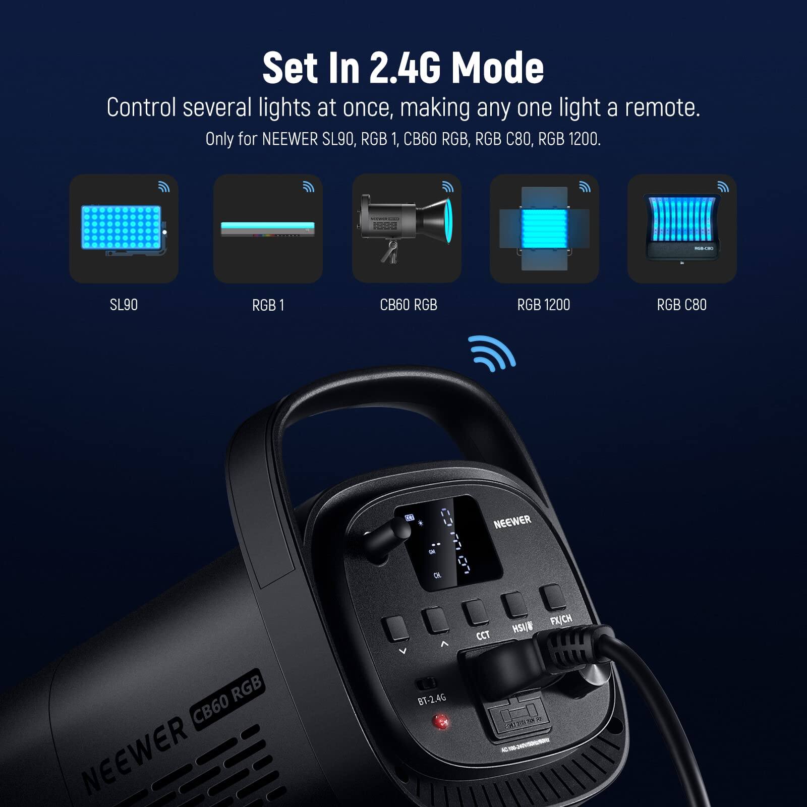 Set In 2.4G Mode  
Control several lights at once, making any one light a remote.  
Only for NEEWER SL90, RGB 1, CB60 RGB, RGB C80, RGB 1200.  

SL90  
RGB 1  
CB60 RGB  
RGB 1200  
RGB C80  

NEEWER CB60 RGB