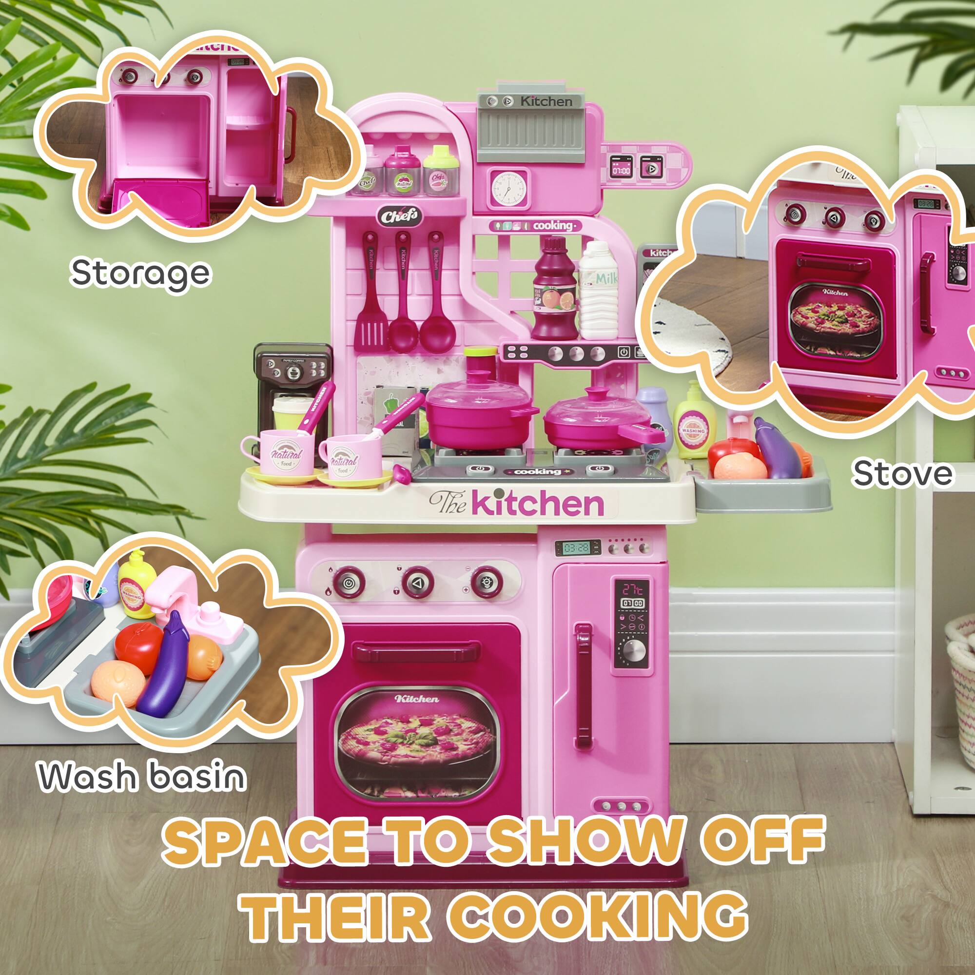 - Kitchen
- Storage
- Cooking
- Stove
- Wash basin
- Space to show off their cooking