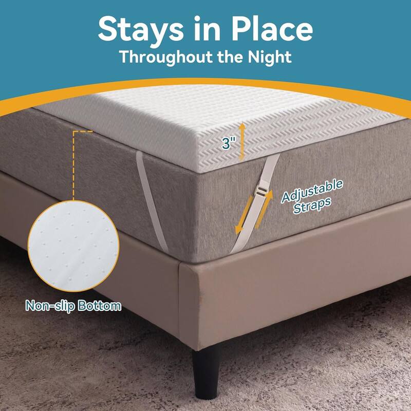 Stays in Place  
Throughout the Night  

3" Adjustable Straps  
Non-slip Bottom