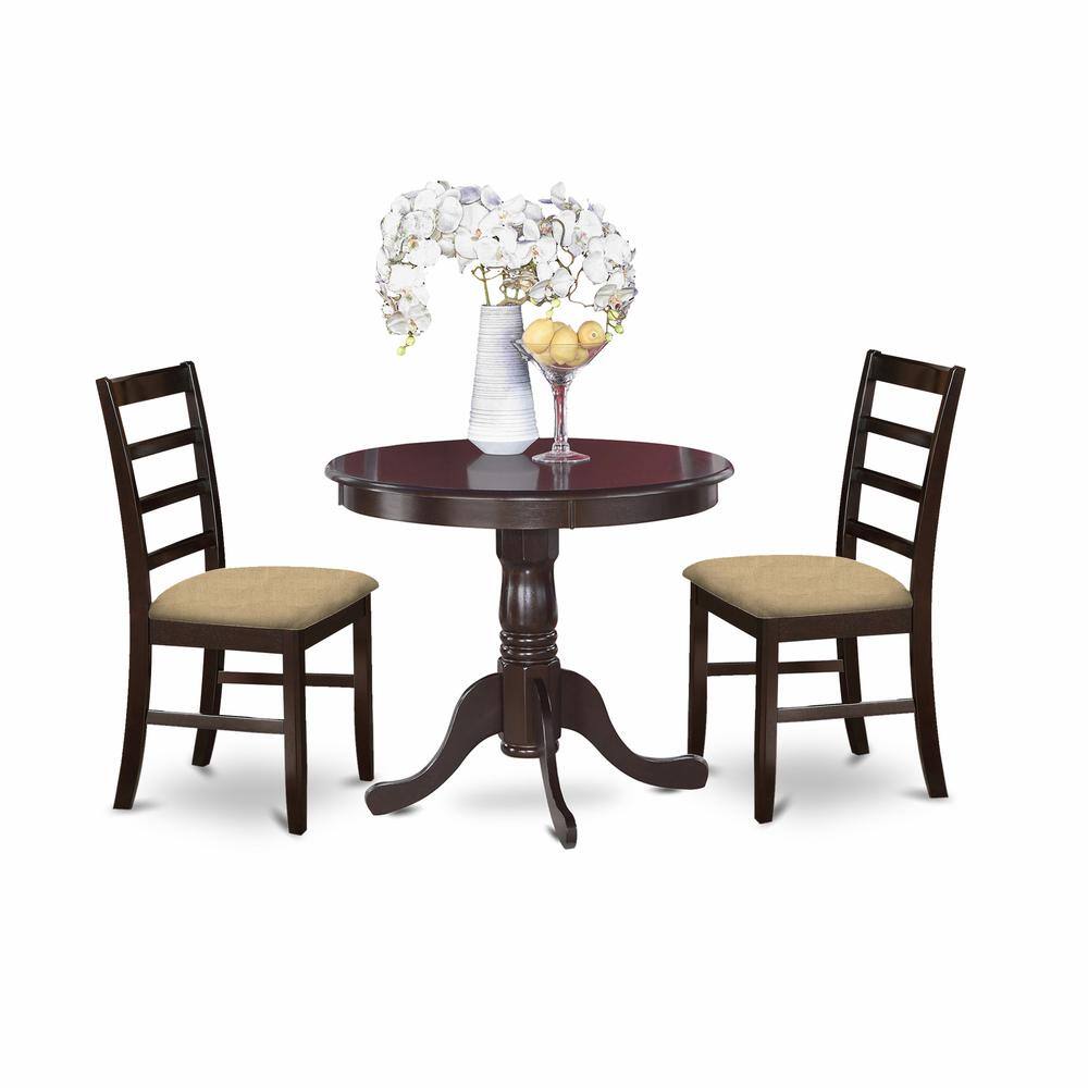 Back. East West Furniture - ANPF3-CAP-C 3 Pc small Kitchen Table and Chairs set-round Kitchen Table and 2 Kitchen Chairs - Cappuccino.