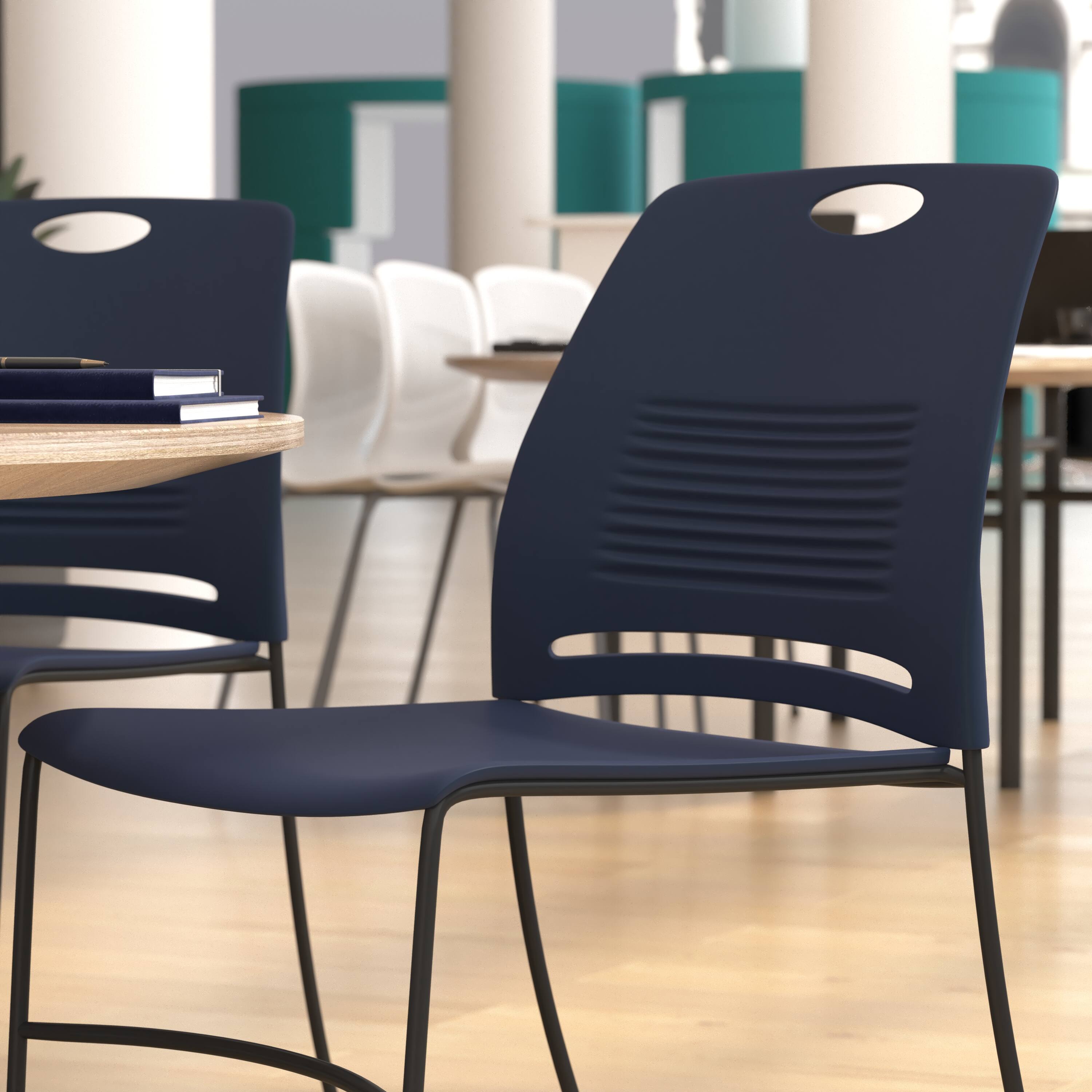Alt View 5. Emma + Oliver - Heavy Duty 660 lb. Capacity Plastic Stack Chair with Steel Sled Base Frame - Navy.
