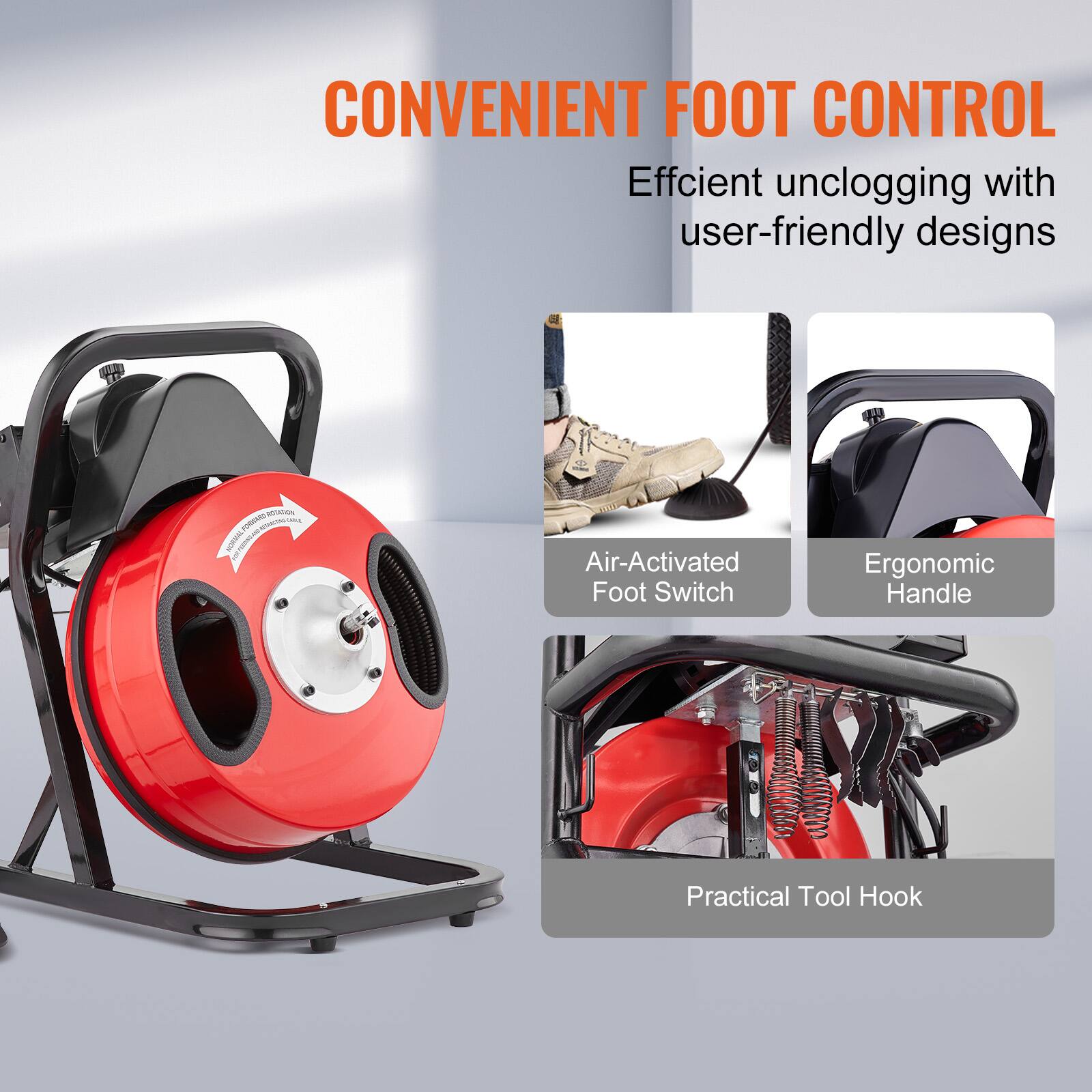 CONVENIENT FOOT CONTROL
Efficient unclogging with user-friendly designs

- Air-Activated Foot Switch
- Ergonomic Handle
- Practical Tool Hook