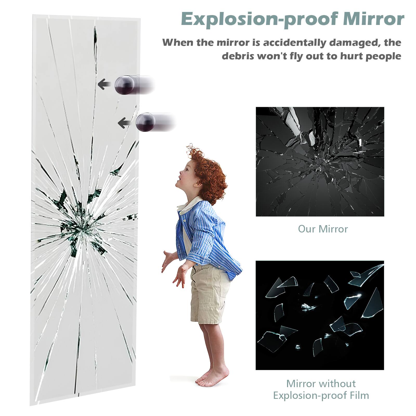 Explosion-proof Mirror  
When the mirror is accidentally damaged, the debris won't fly out to hurt people  

Our Mirror  

Mirror without Explosion-proof Film