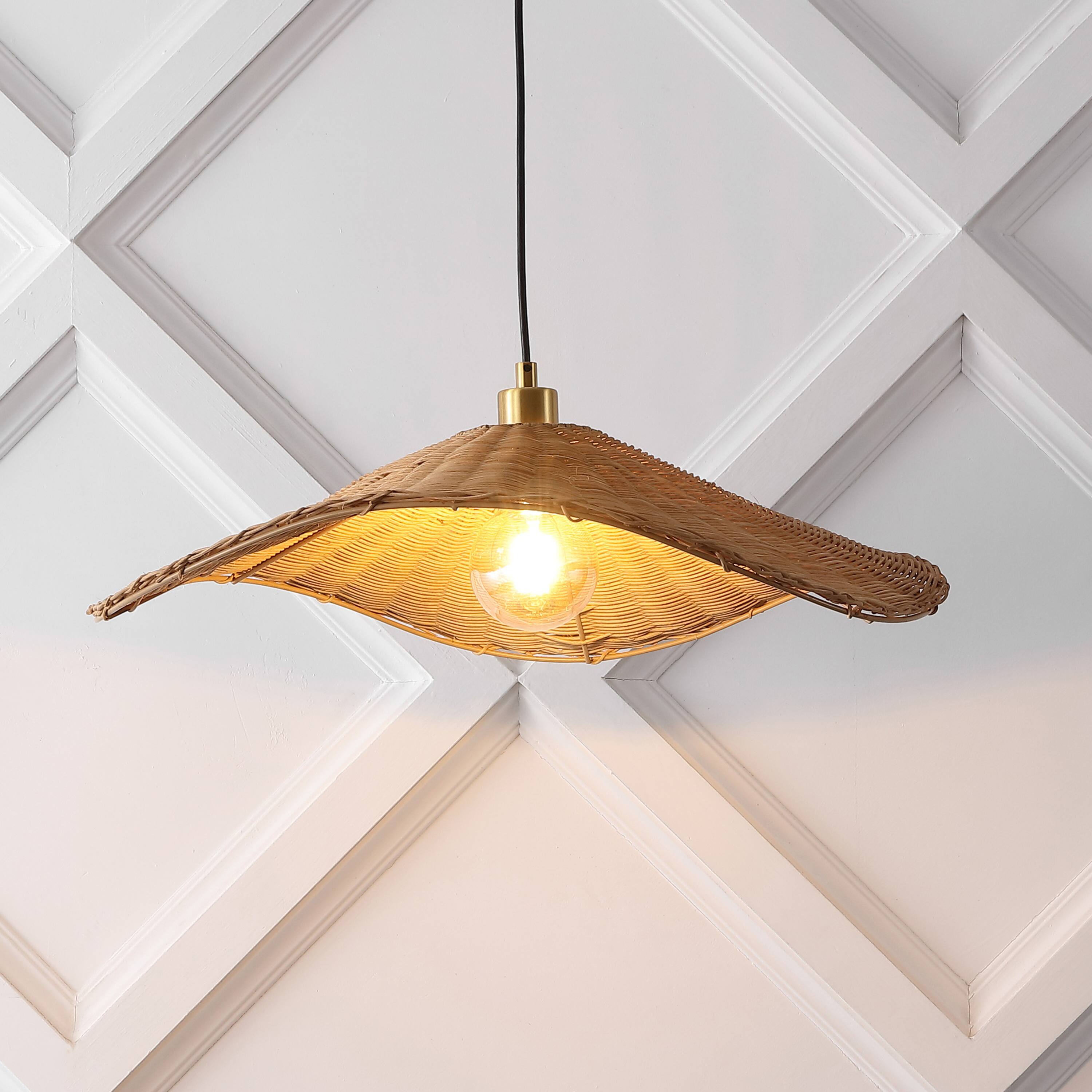 Alt View 1. Jonathan Y - Miko 24.5" Modern Coastal Organic Curve Rattan LED Pendant, Natrual Brown/Brass Gold - Brass Gold/Brown.