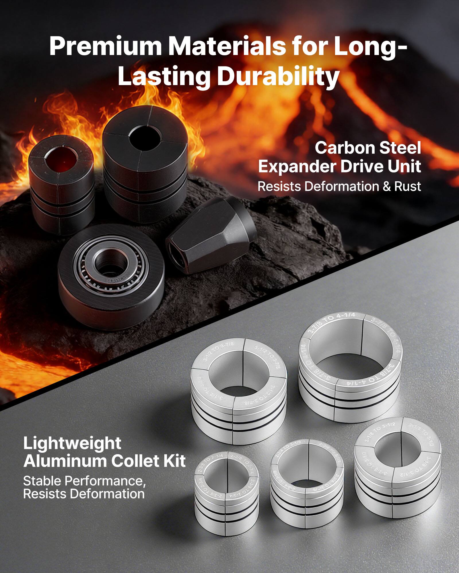 Premium Materials for Long-Lasting Durability

Carbon Steel Expander Drive Unit
Resists Deformation & Rust

Lightweight Aluminum Collet Kit
Stable Performance, Resists Deformation