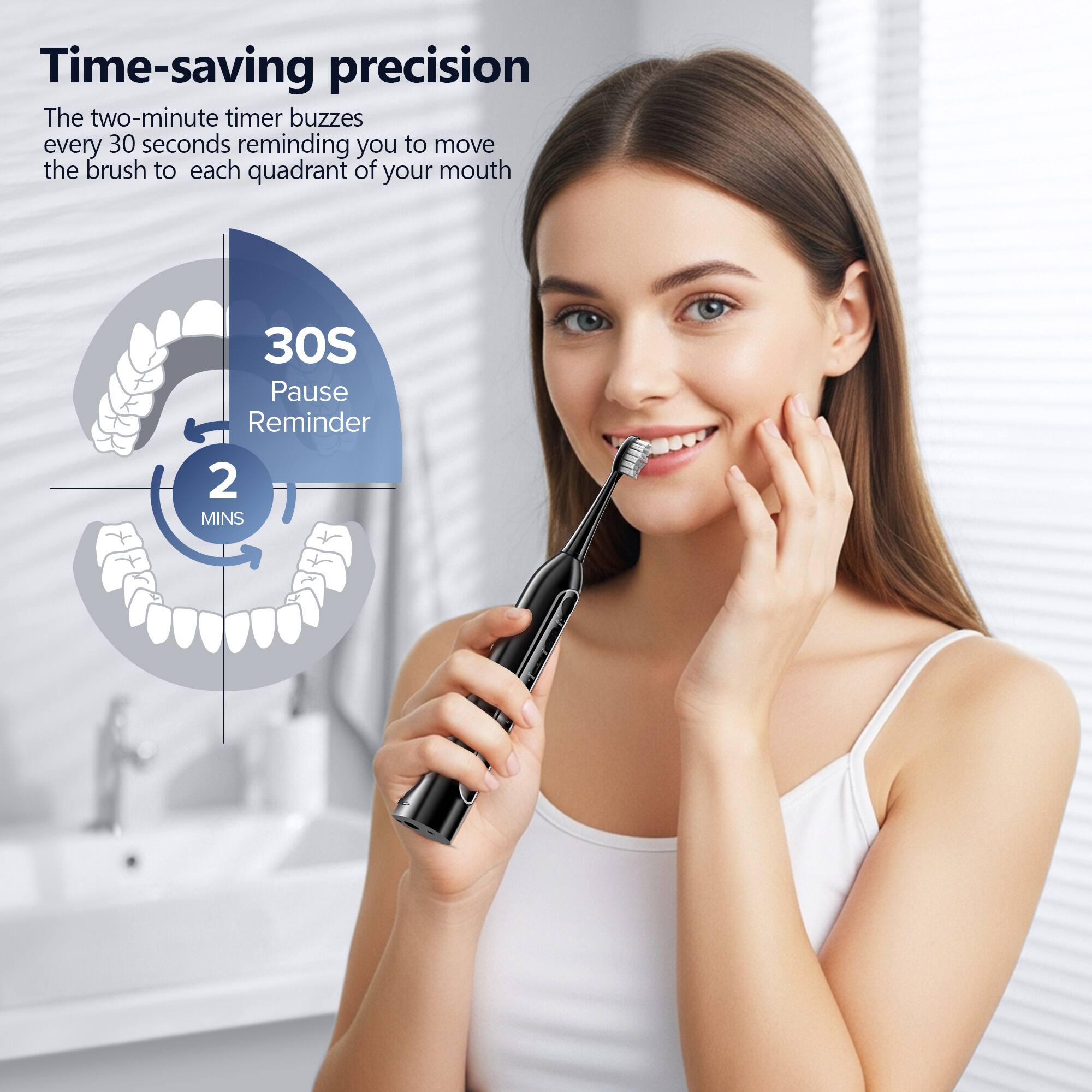 Time-saving precision

The two-minute timer buzzes every 30 seconds reminding you to move the brush to each quadrant of your mouth

30S Pause Reminder

2 MINS