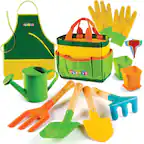 Front. Play22 - Kids Gardening Tool Set 12 PCS with Shovel, Rake, Fork, Trowel, Apron, Gloves, Watering Can and Tote Bag - Multicolor.