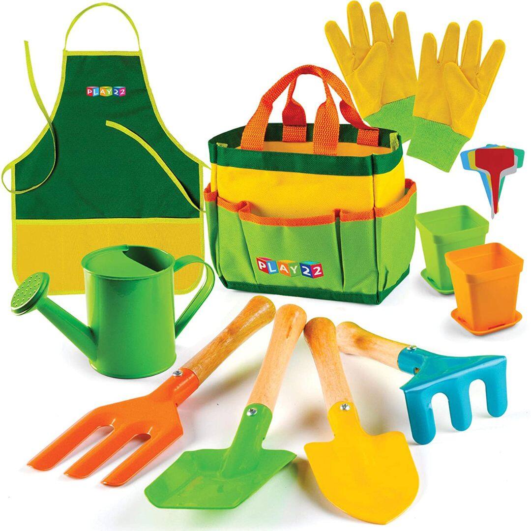 Front. Play22 - Kids Gardening Tool Set 12 PCS with Shovel, Rake, Fork, Trowel, Apron, Gloves, Watering Can and Tote Bag - Multicolor.