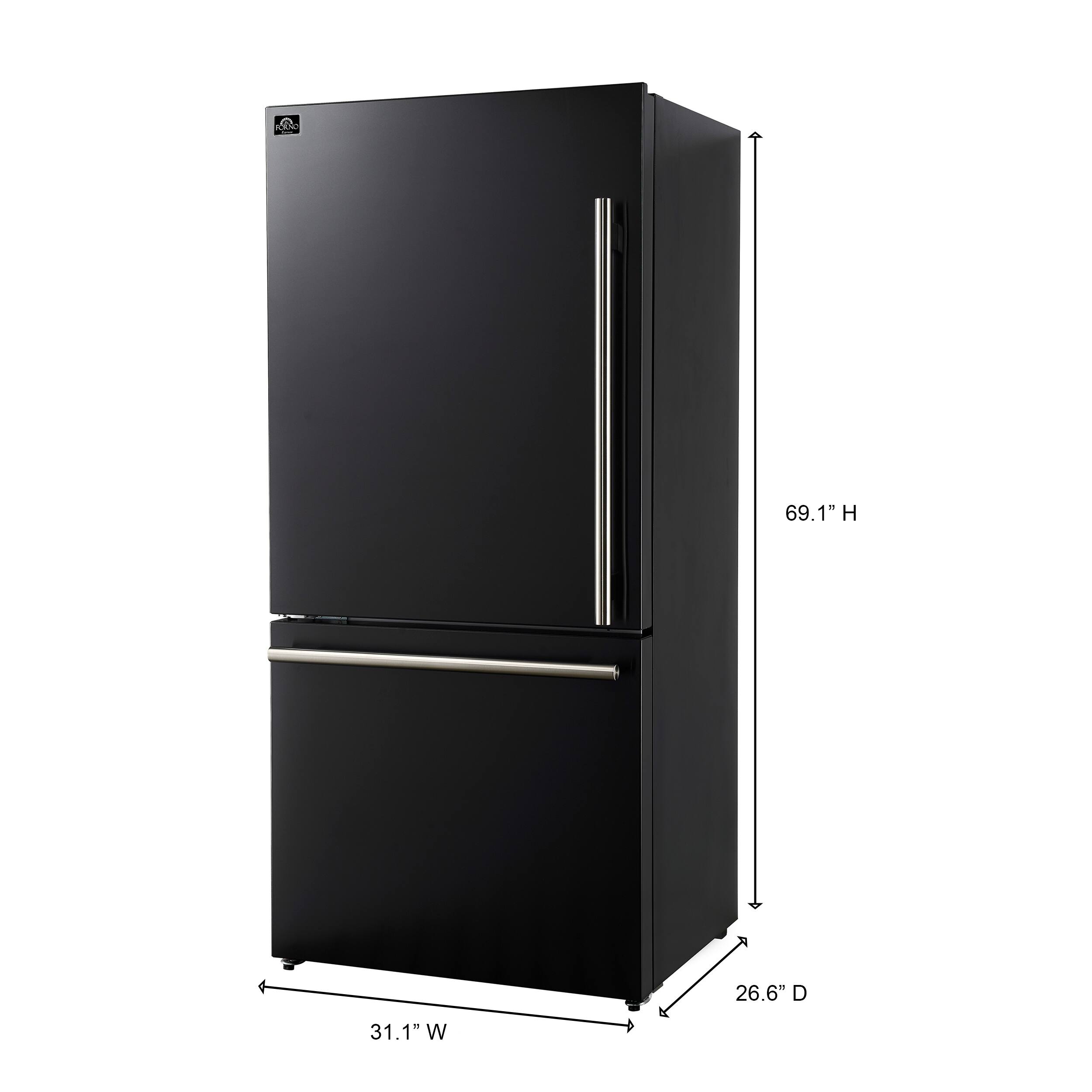 The dimensions of the refrigerator are:

- Height: 69.1 inches
- Width: 31.1 inches
- Depth: 26.6 inches