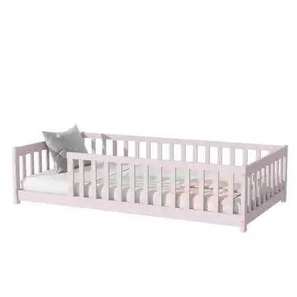 Front. GOODSILO - Twin Size Low-Profile Youth Bed with Secure Enclosure Frame, Solid Wood Construction, Neutral Finish - Pink.