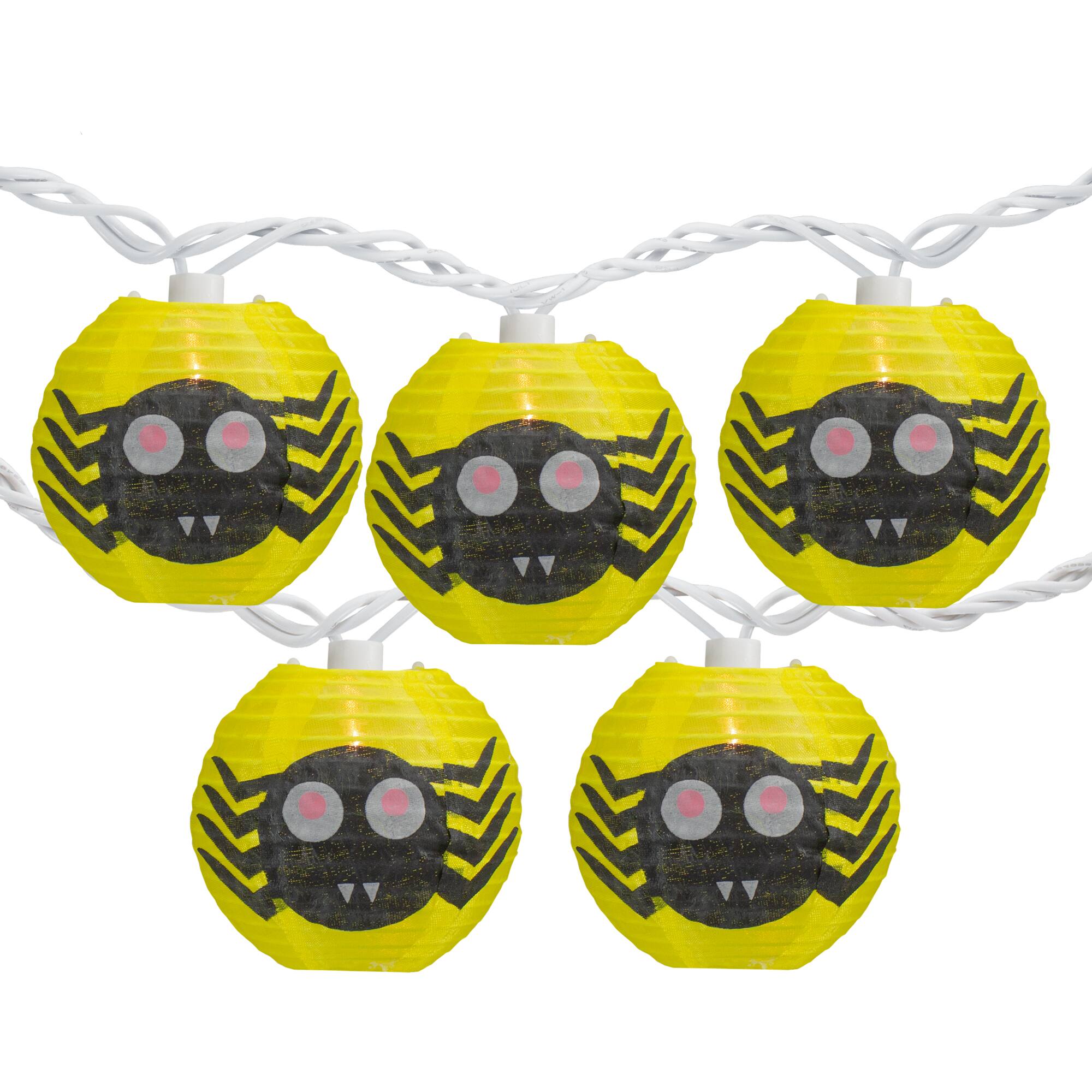 Front. Northlight - 10-Count Yellow and Black Spider Paper Lantern Halloween Lights, 8.5ft White Wire - Yellow.