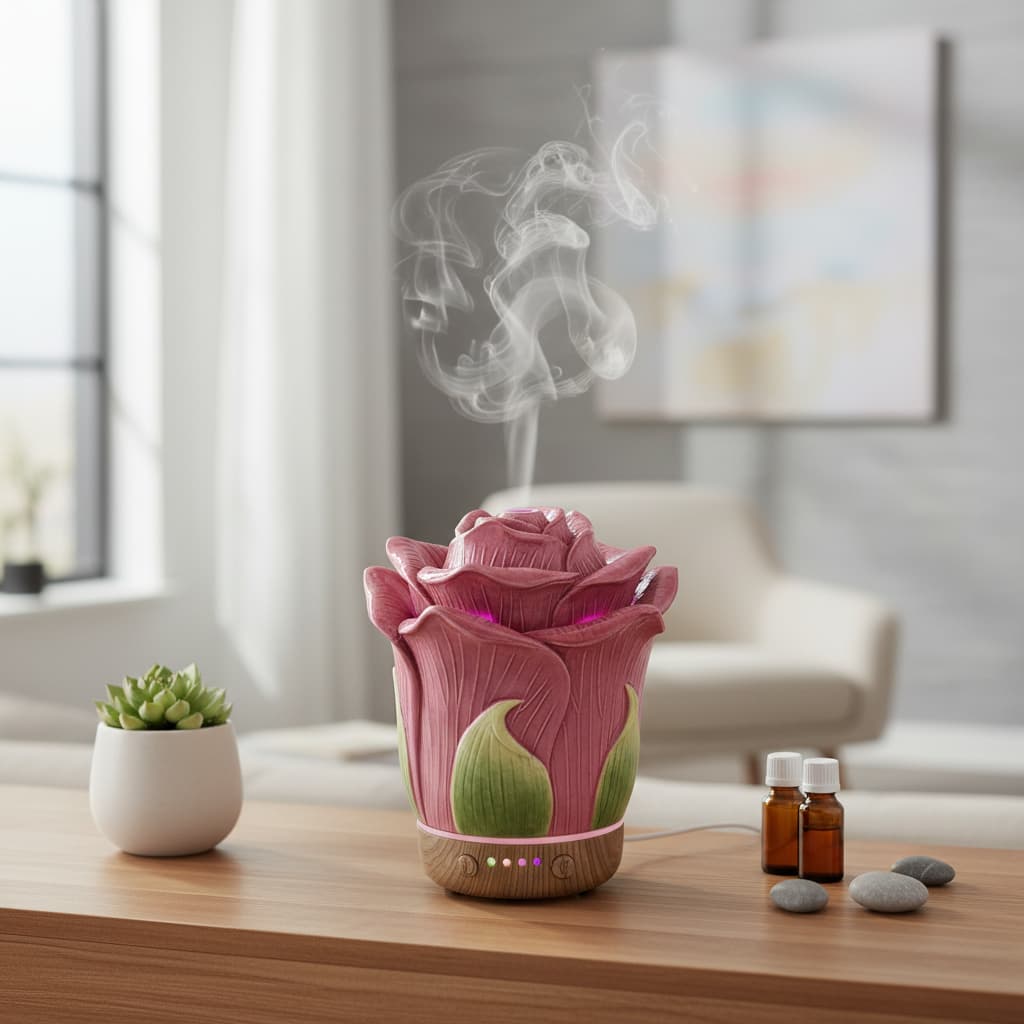 Alt View 2. FINEAK - 80ml Rosered Hand-Painted Ceramic Essential Oil Diffuser.