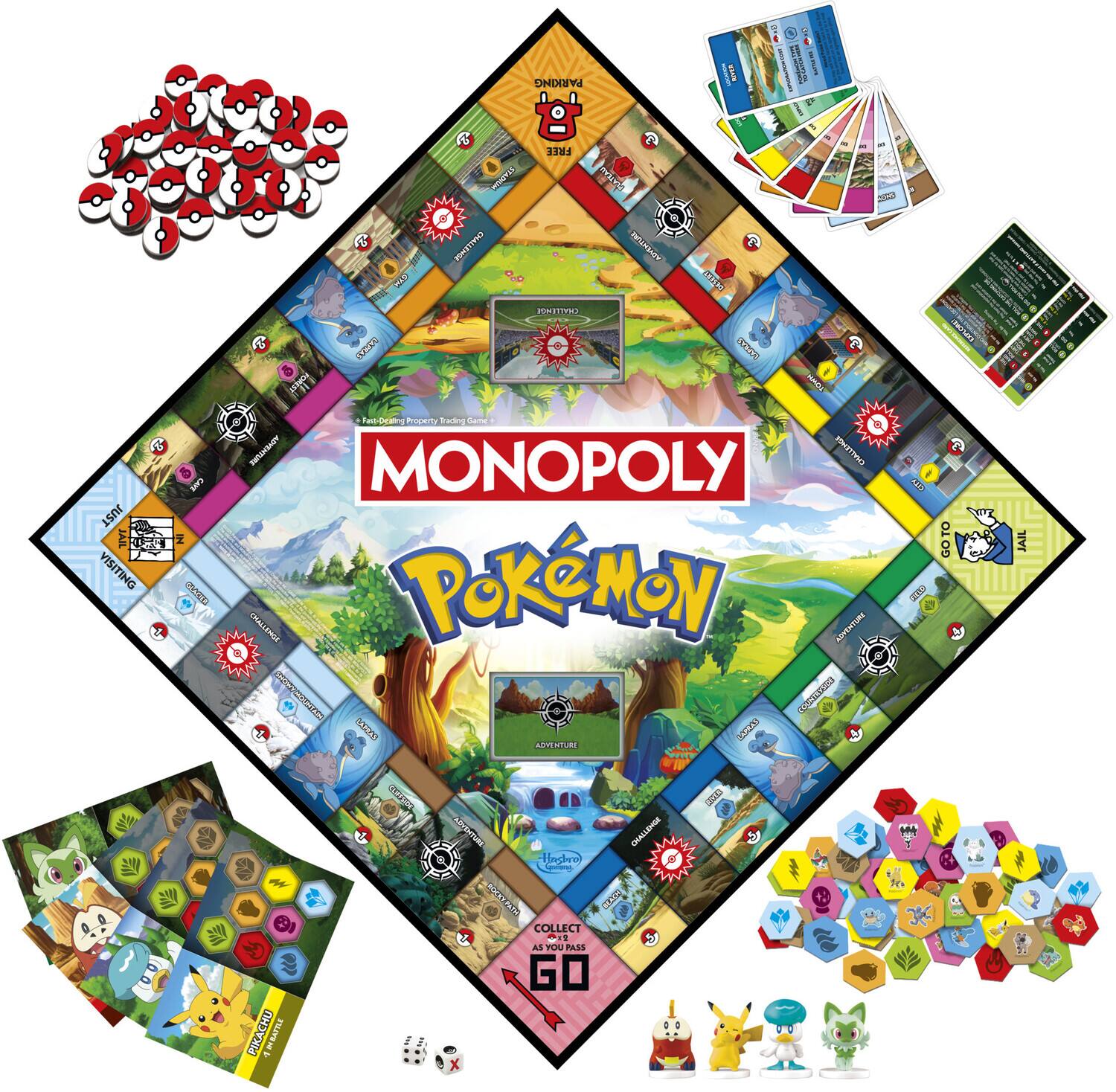 PARKING, VISITING, ADVENTURE, MONOPOLY, CHALLENGE, COLLECT, AS YOU PASS GO, GO TO JAIL, PIRACHU, BASIC, POKEMON, UNDERSTAND, POKEMON TRADING GAME, PIKACHU