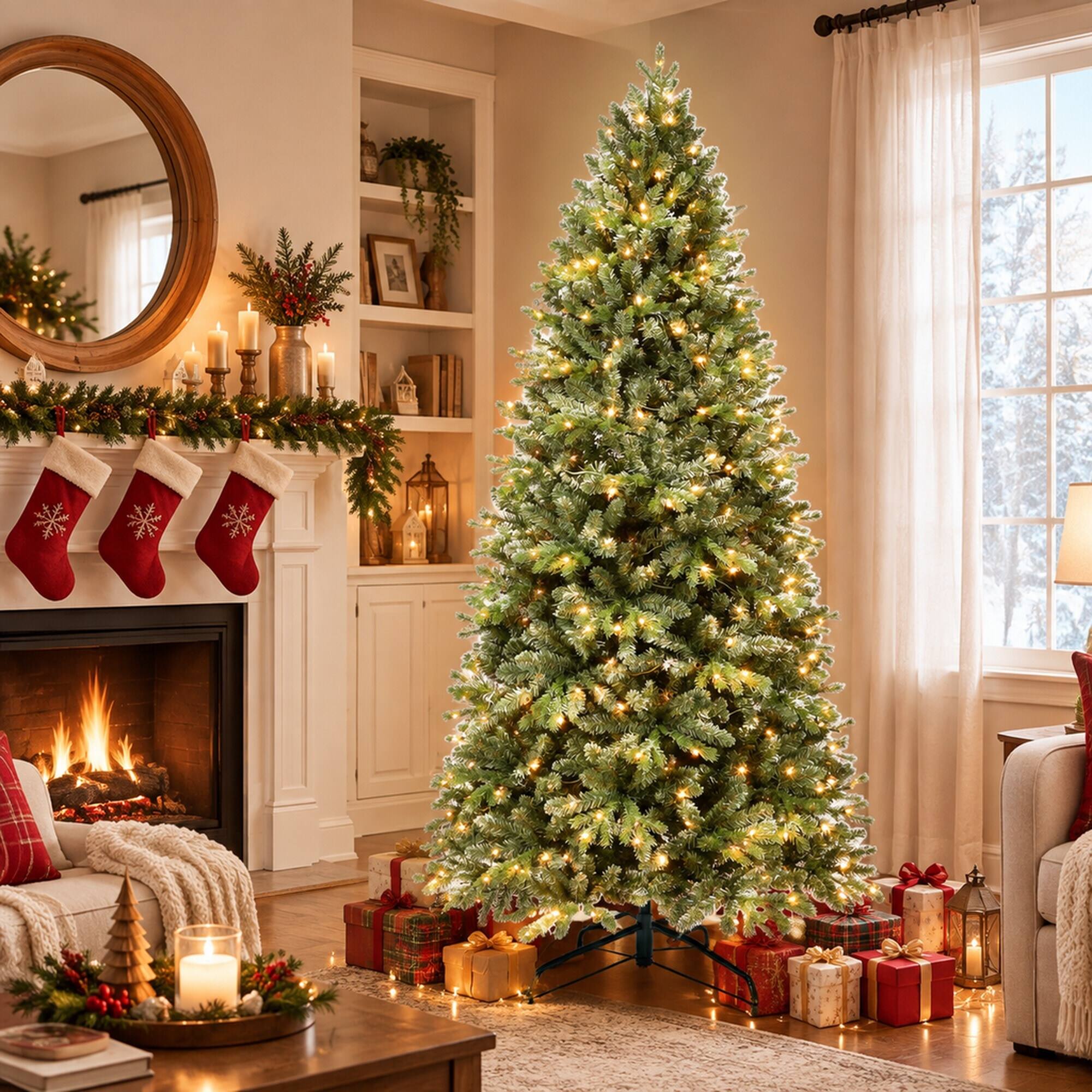 Angle. RYHNUYNE - 6FT Pre-Lit Artificial Christmas Tree With 300 Warm White LED Lights and 1032 Tips, Hinged Metal Stand - Green.