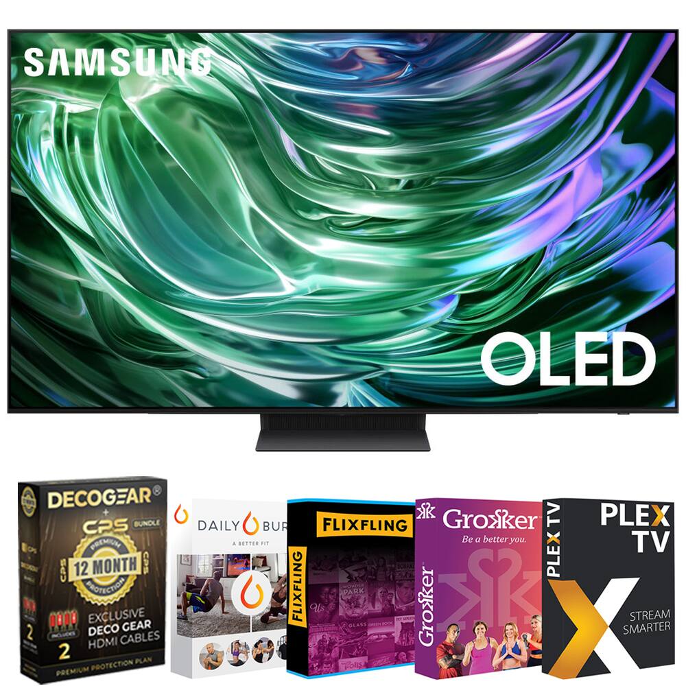 Sure, here is the corrected and grouped text:

---

**SAMSUNG OLED TV**

**BUNDLE INCLUDES:**

- **DECOGEAR CPS BUNDLE**
  - 12 MONTH PREMIUM PROTECTION PLAN
  - EXCLUSIVE DECOGEAR HDMI CABLES

- **DAILY BUR**
  - A BETTER FIT

- **FLIXFLING**

- **Groxker**
  - Be a better you.

- **PLEX TV**
  - STREAM SMARTER

---

This text is organized to reflect the items included in the bundle as shown in the image.