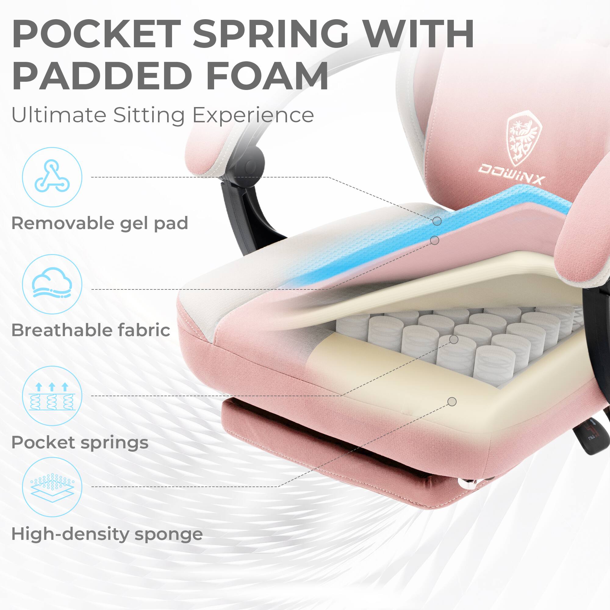 POCKET SPRING WITH PADDED FOAM  
Ultimate Sitting Experience  

- Removable gel pad  
- Breathable fabric  
- Pocket springs  
- High-density sponge