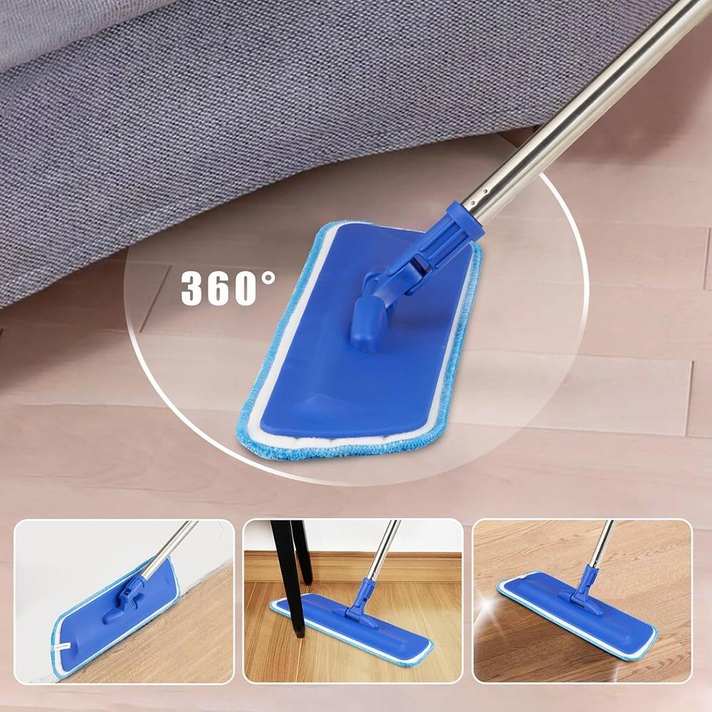 Back. Schertz - 17.5" Microfiber Flat Mop with Steel Handle, 2 Washable Pads, Blue.