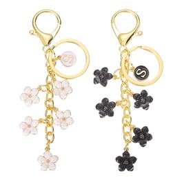 Unique Bargains - Elegant 2pcs Alphabet S Initial Flower Letter Keychain Charm for Women Purse Handbag Backpack Bags Accessories - White