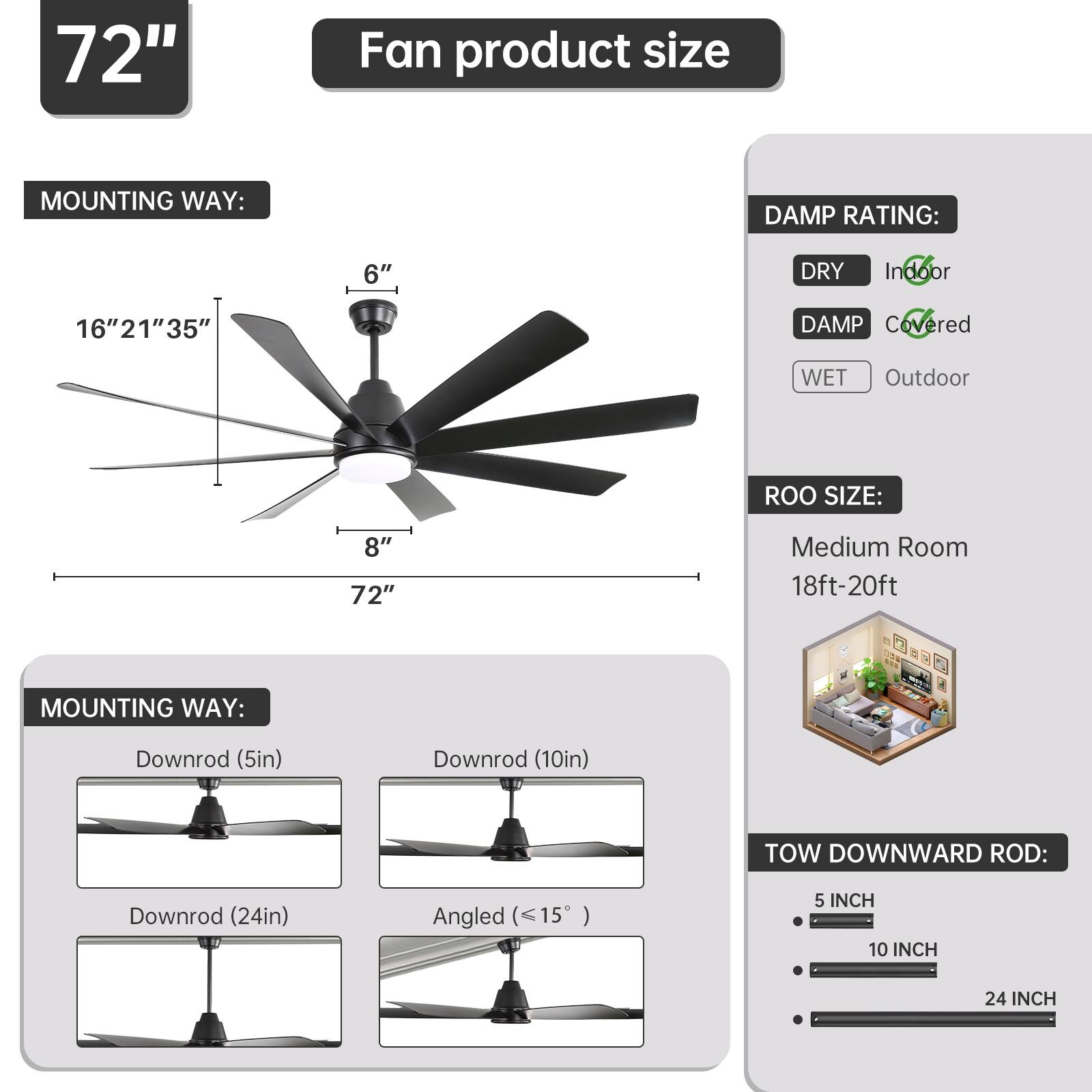 72" Fan product size

MOUNTING WAY:
- 16" 21" 35"
- 8"
- 6"

MOUNTING WAY:
- Downrod (5in)
- Downrod (10in)
- Downrod (24in)
- Angled (≤ 15°)

DAMP RATING:
- DRY Indoor
- DAMP Covered
- WET Outdoor

ROO SIZE:
- Medium Room 18ft-20ft

TOW DOWNWARD ROD:
- 5 INCH
- 10 INCH
- 24 INCH