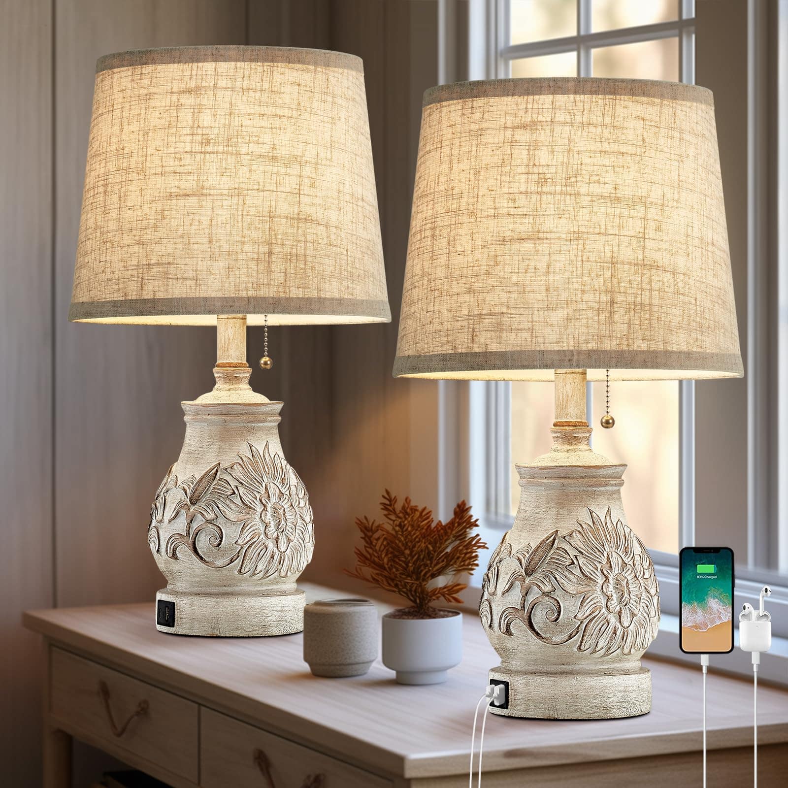 Cedar Assembly - 19. Vintage Rustic Table Lamp Set Of 2 Farmhouse Lamps For Living Room Bedroom Decor With Usb Ports Traditiona - ⑦pull chain switch and 19.5" -white