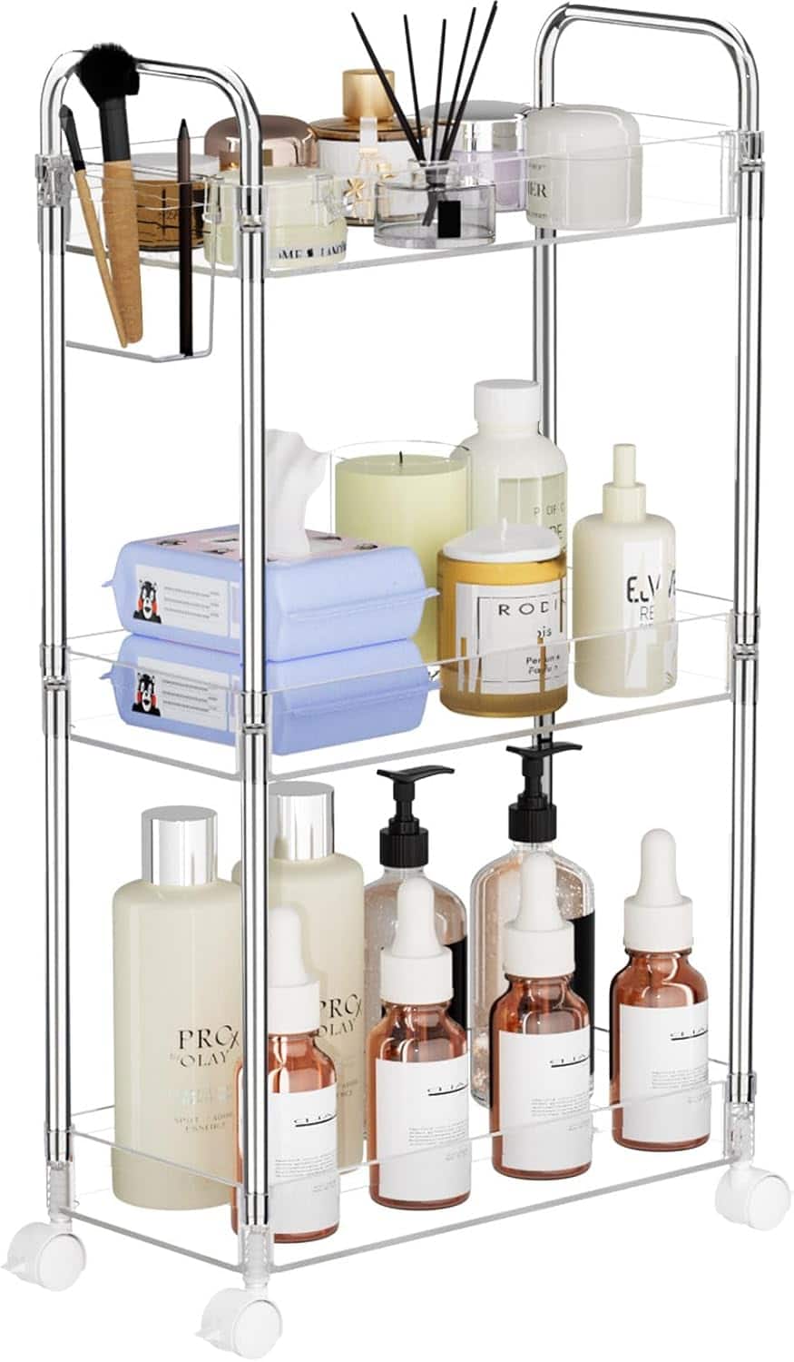 Wikistore - 3-Tier Acrylic Rolling Cart, Bathroom Organizer, Laundry Room Shelving Unit - Clear