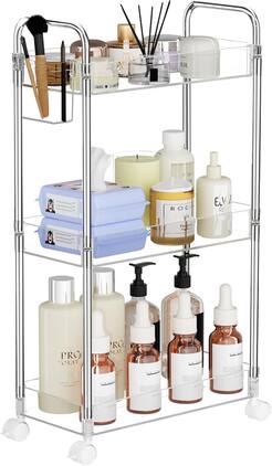 Wikistore - 3-Tier Acrylic Rolling Cart, Bathroom Organizer, Laundry Room Shelving Unit - Clear