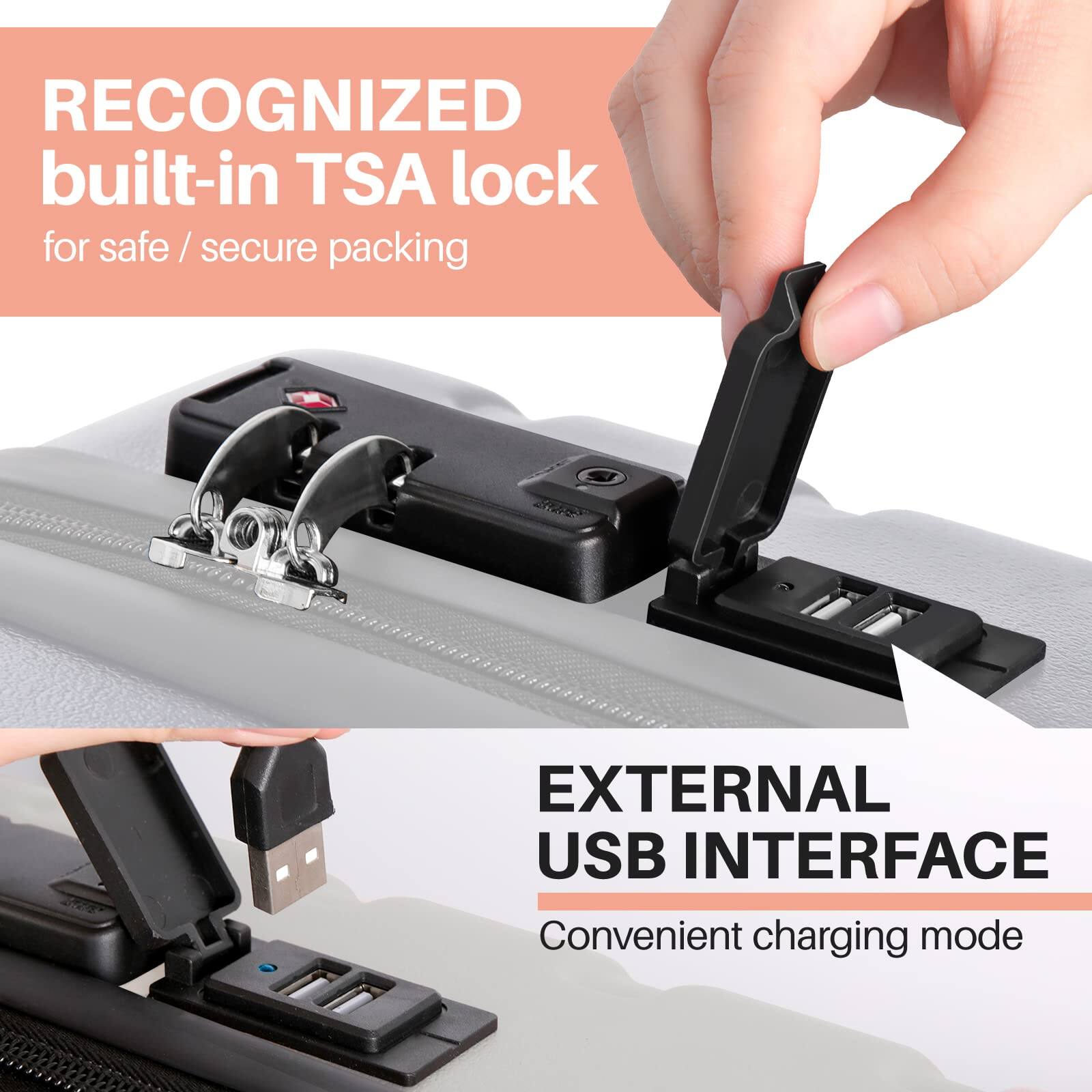 RECOGNIZED built-in TSA lock for safe / secure packing

EXTERNAL USB INTERFACE
Convenient charging mode
