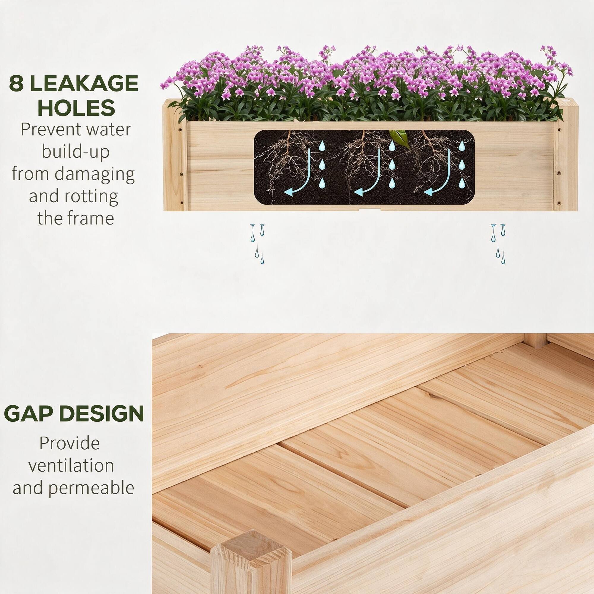 8 LEAKAGE HOLES  
Prevent water build-up from damaging and rotting the frame

GAP DESIGN  
Provide ventilation and permeable