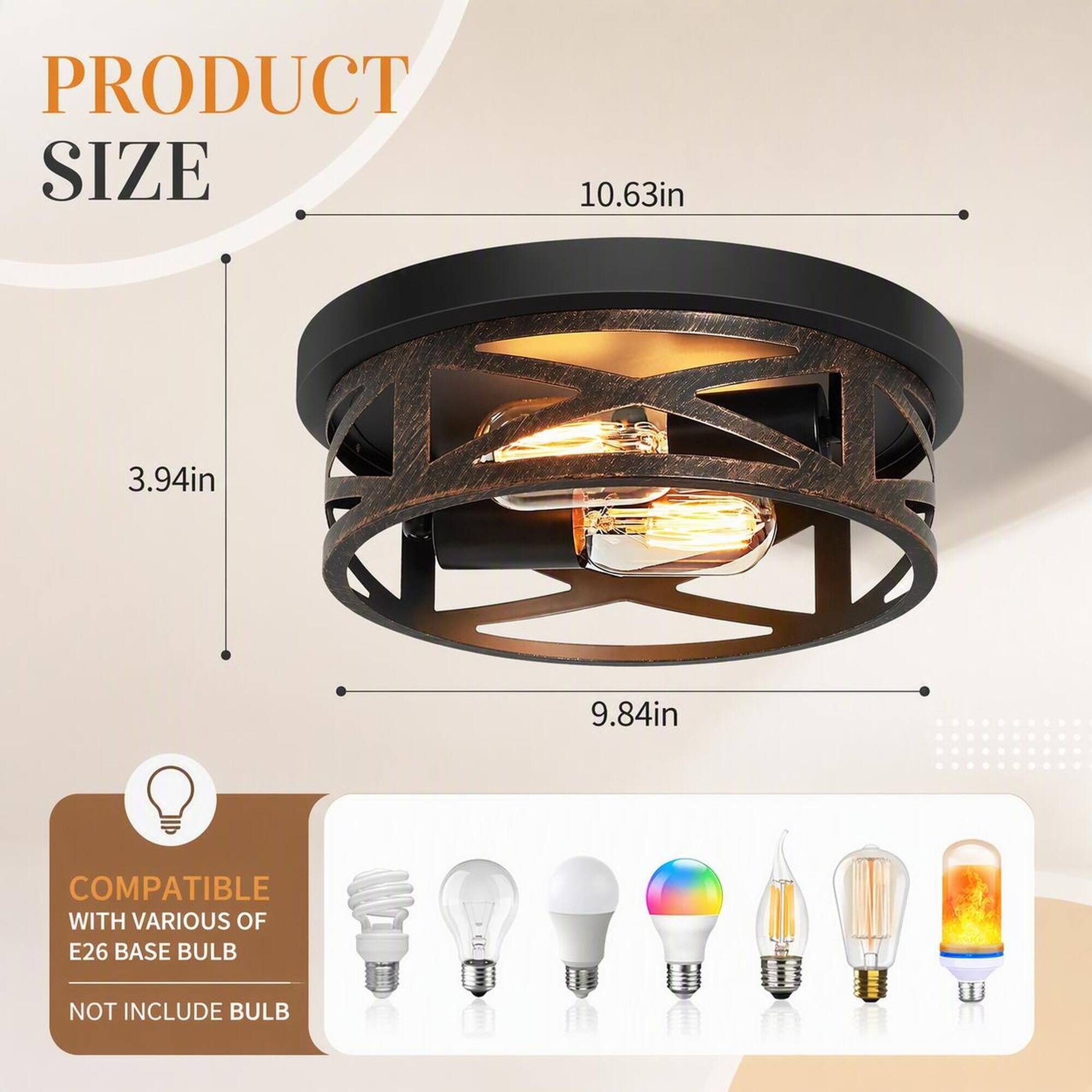 PRODUCT SIZE
10.63in
3.94in
9.84in

COMPATIBLE WITH VARIOUS OF E26 BASE BULB
NOT INCLUDE BULB