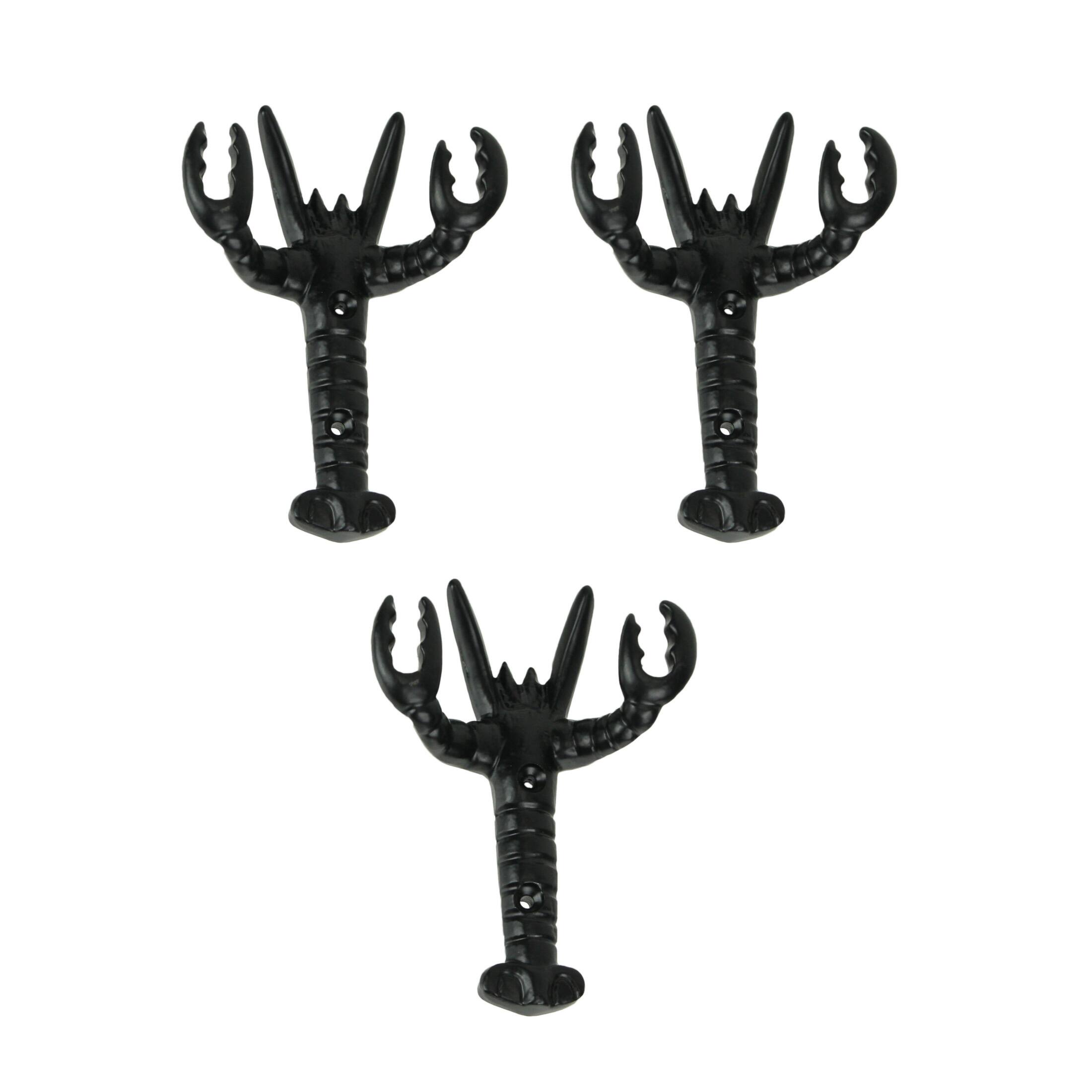 Front. Moby Dick Specialties - Set of 3 Black Enamel Cast Iron Lobster Shaped Decorative Wall Hooks - Black.