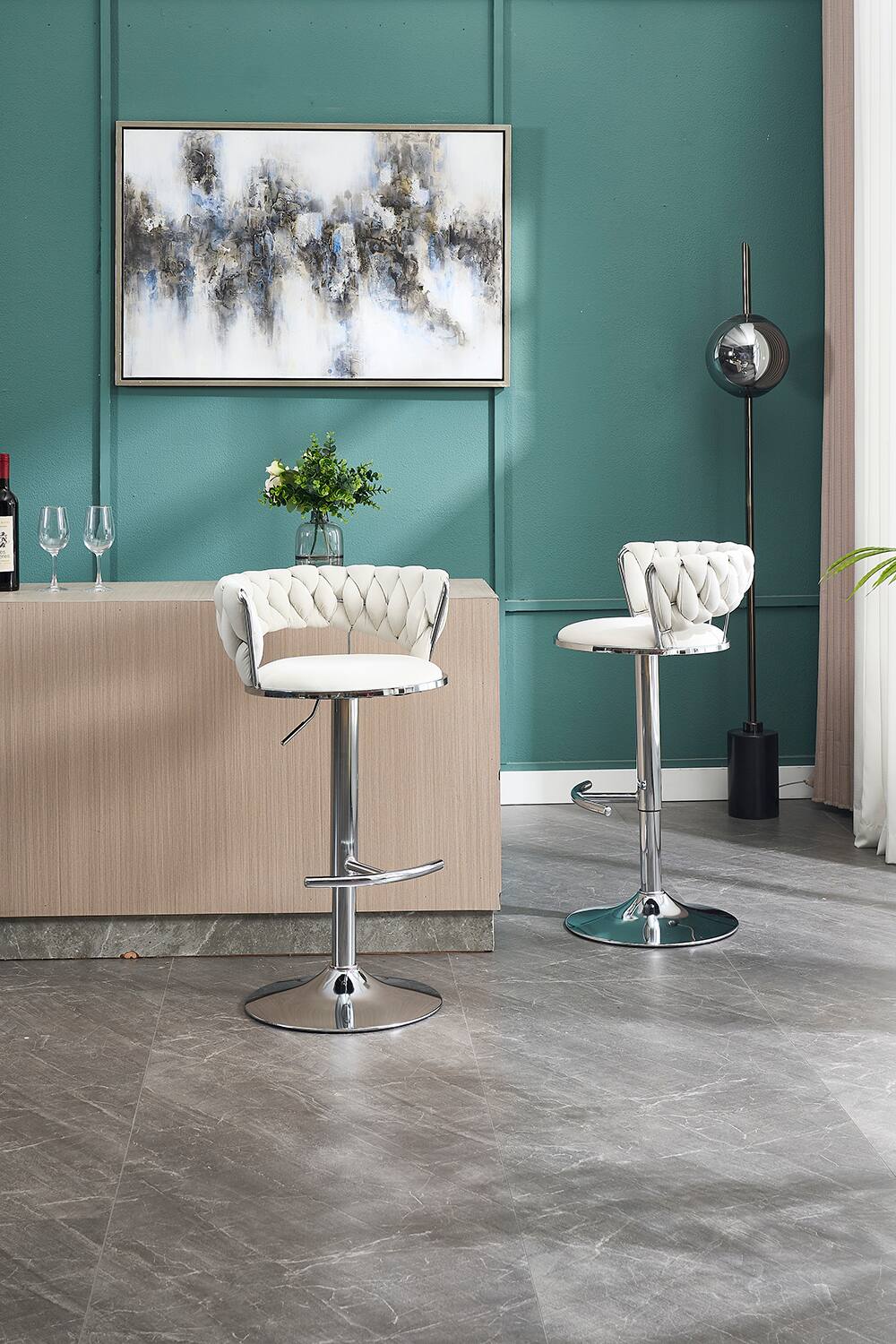 Angle. APRILSOUL - Set of 2 Bar Stools Chrome Footrest Base Swivel Height Adjustable Velvet Chrome Leg CREAM - White.