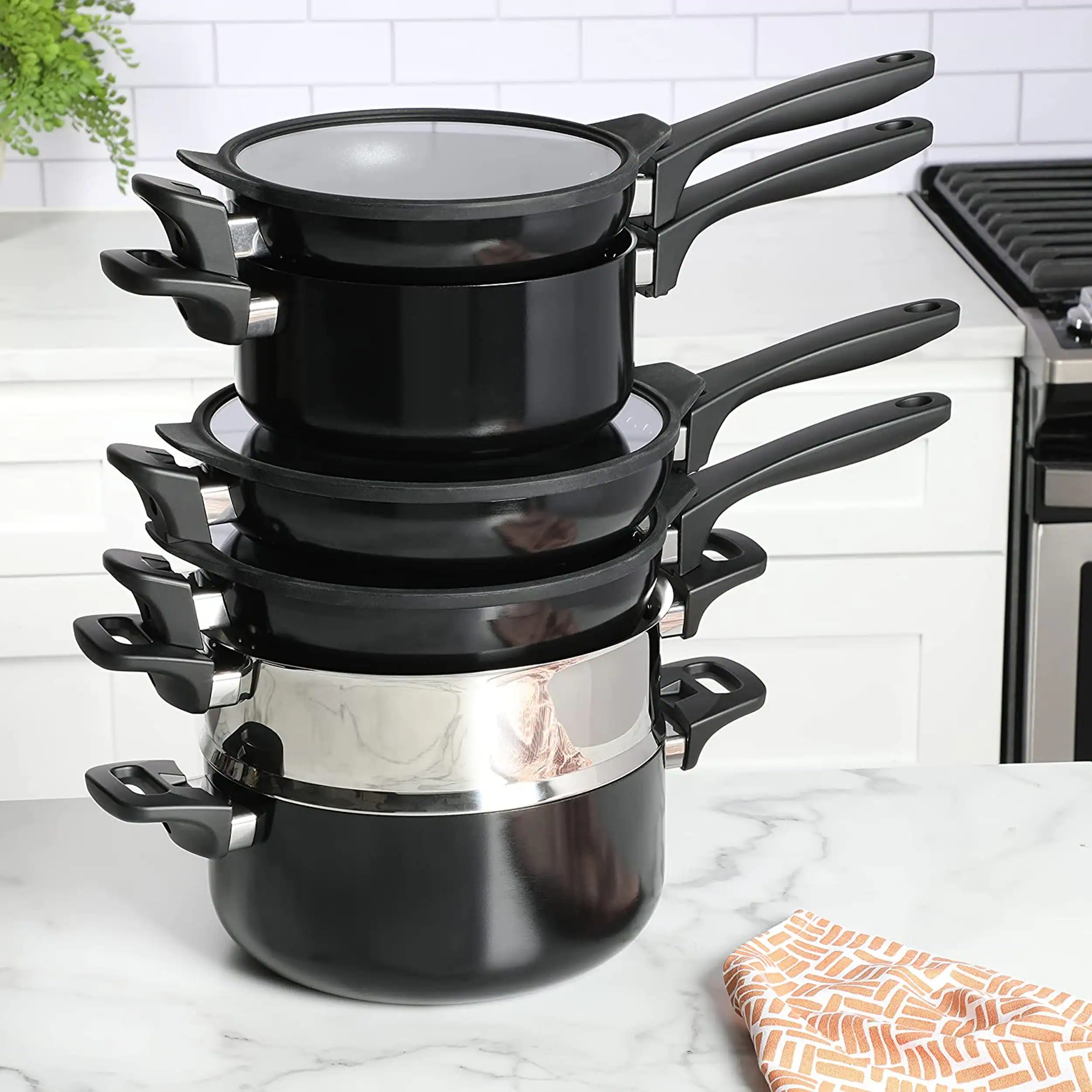 Alt View 4. Kenmore - Kenmore Elite Grayson 9 Piece Nonstick Aluminum Stackable Cookware Set in Black - Black.