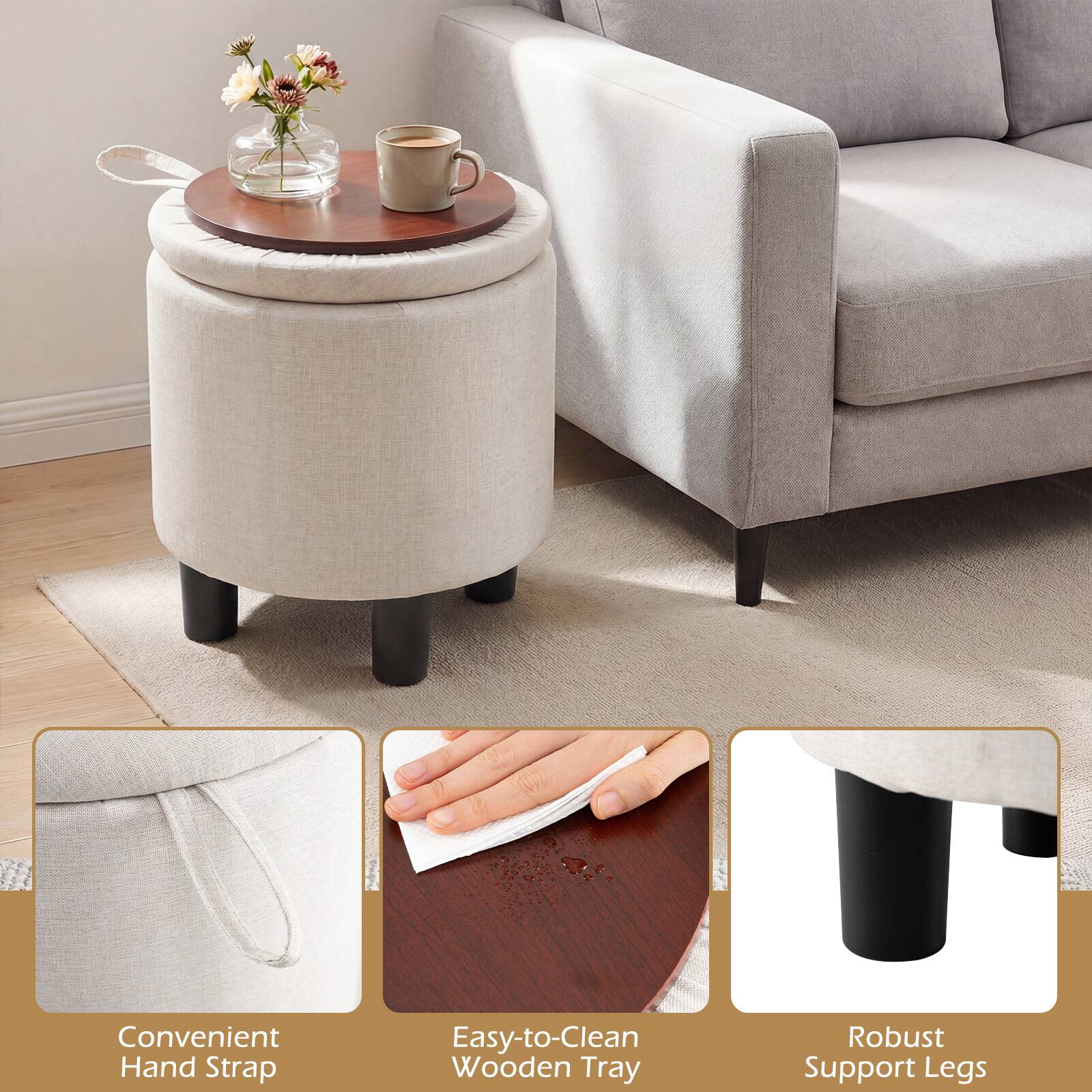 Convenient Hand Strap  
Easy-to-Clean Wooden Tray  
Robust Support Legs