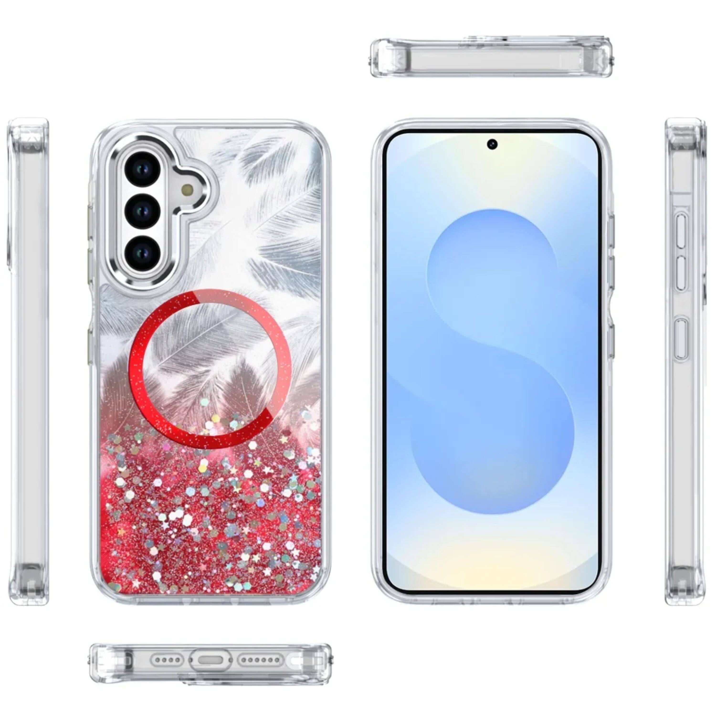Kitcheniva - Feathers Glitter With Magnetic Circle Plus Tempered Glass For Samsung S25 Plus/S24 Plus - Red price history on PriceWatchPro